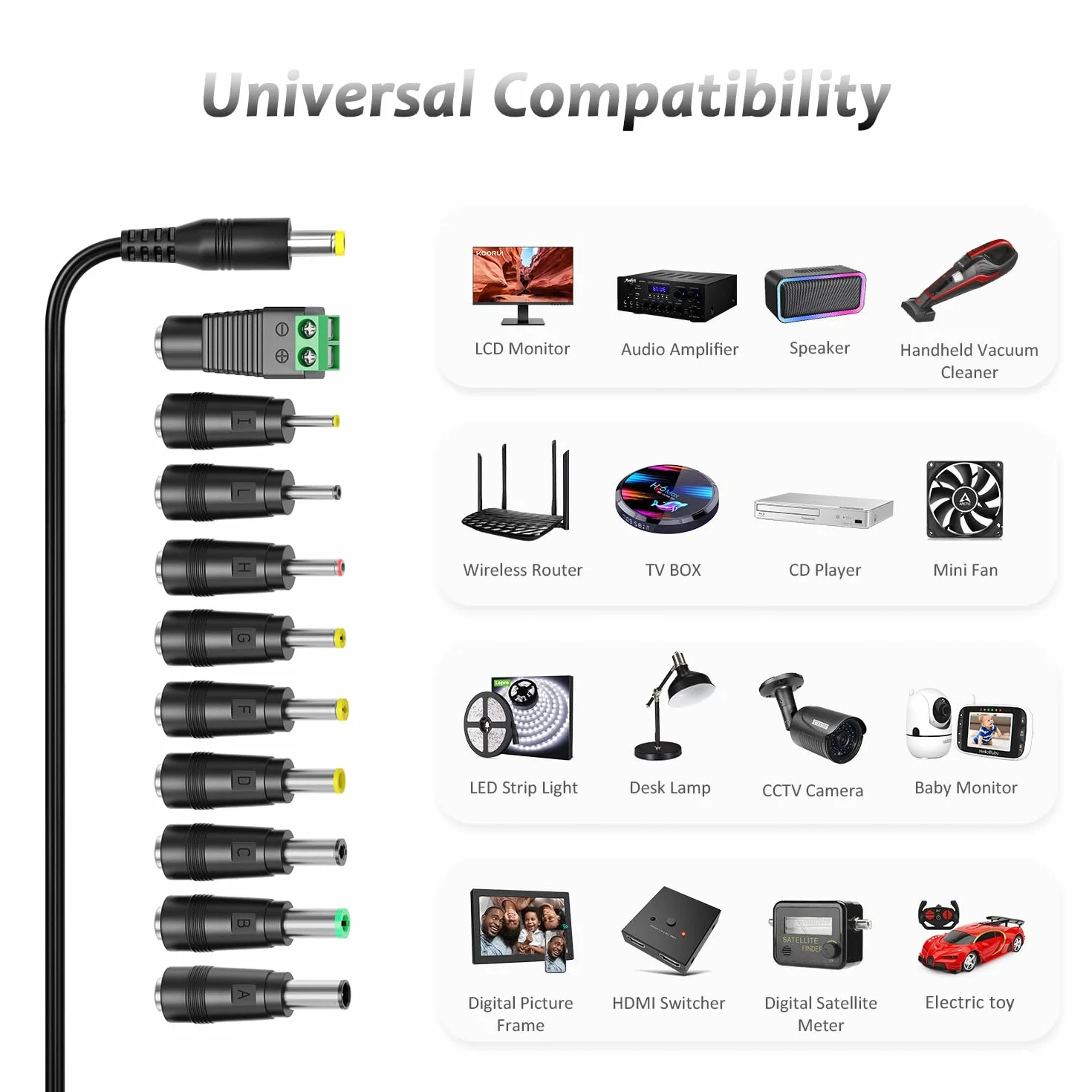 Zasilacz sieciowy 12 V, 2 A, Zolt uniwersalny adapter AC DC z 9 wtyczkami DC do 12 V, 0,5 A, 1 A, 1,5 A, 2 A, taśma LED, oświetlenie CCTV, routera, monitora LCD