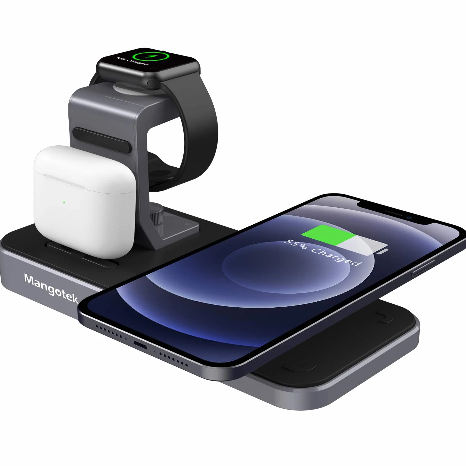 Mangotek Zamiennik do bezprzewodowej stacji ładującej iPhone Apple Watch i AirPods, bezprzewodowa ładowarka 3 w 1, podstawka do szybkiego ładowania Qi, stacja dokująca do iPhone 13/12 Pro Max/11/SE/XS