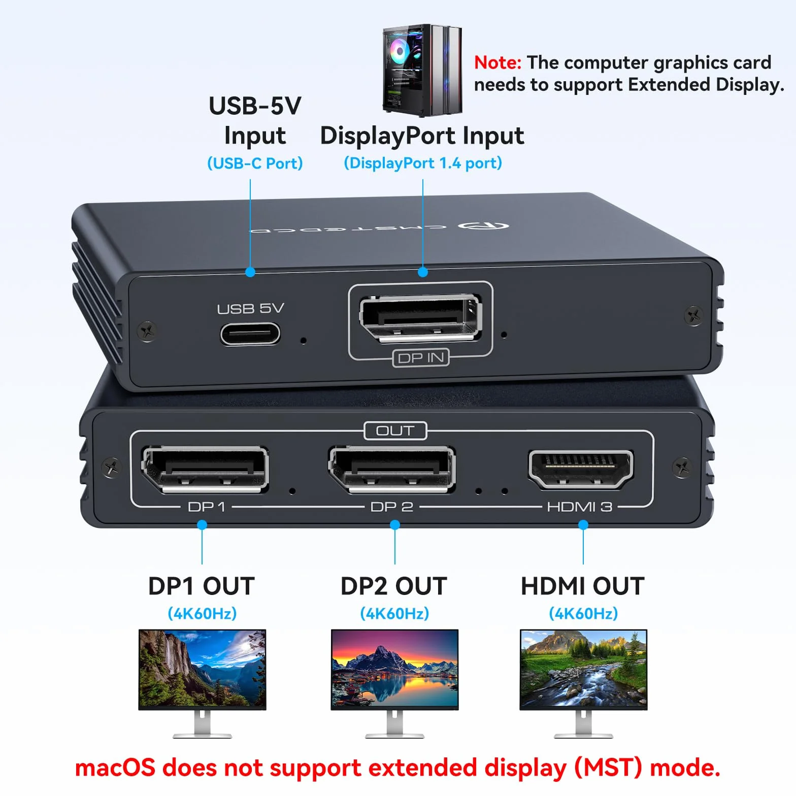 VEDINDUST DisplayPort Splitter 1 in 3 Out DP to HDMI & DP adapter 4K 120 Hz 4K 60 Hz obsługuje tryby MST i SST MST Extended Display tylko dla Windows
