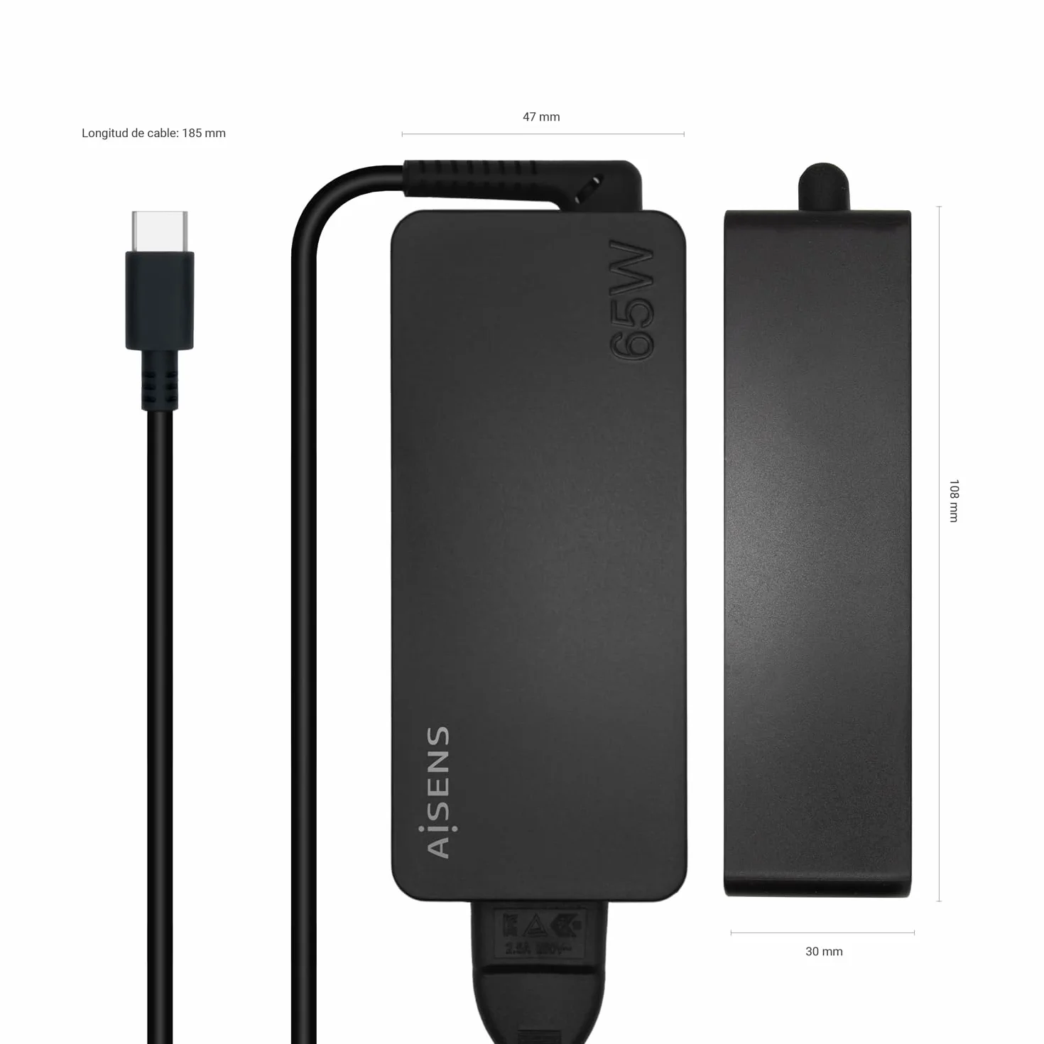 AISENS - ASCH-1PD65D-BK - Czarny 65W PD3.0 1XUSB-C 1.8M, Czarny