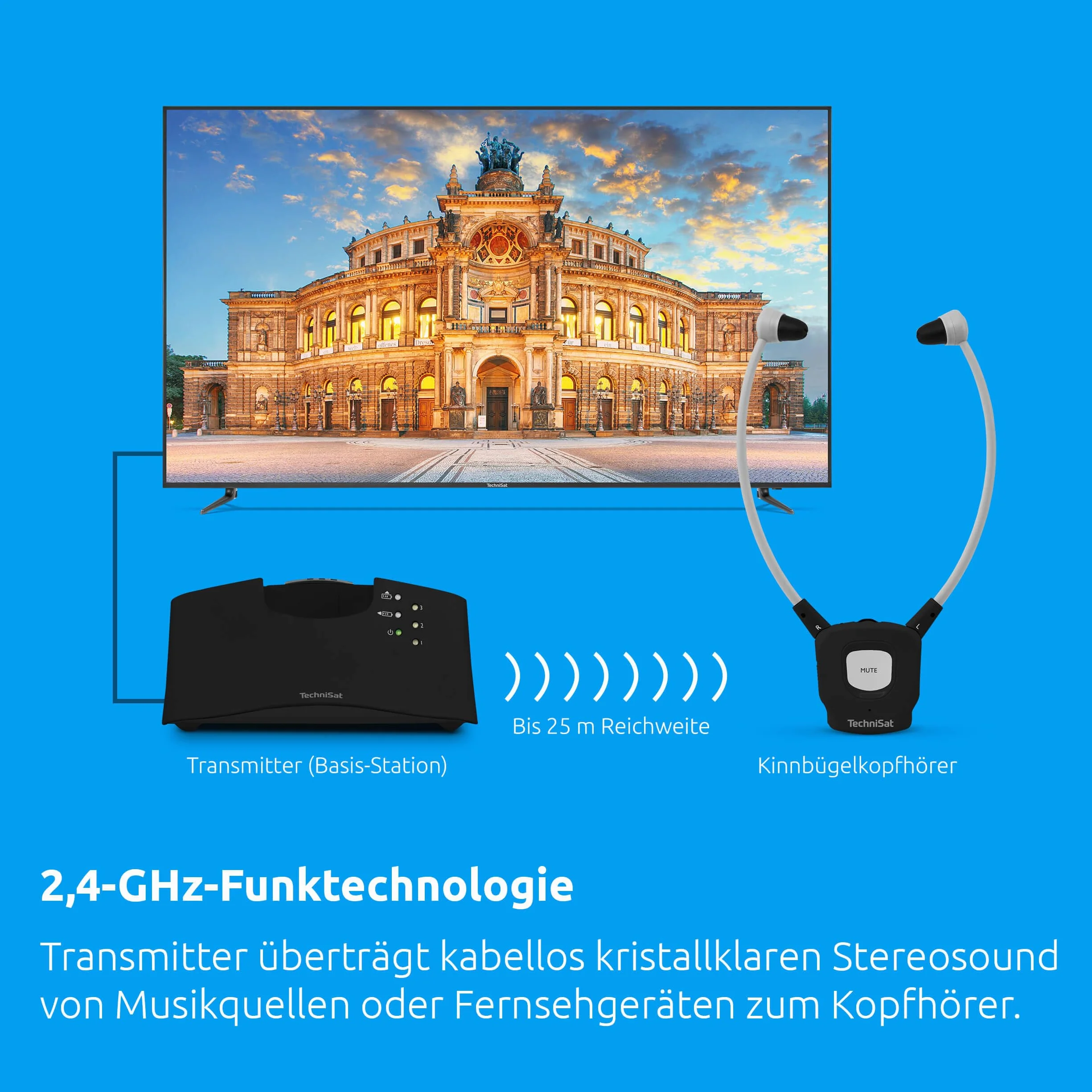 TechniSat STEREOMAN ISI 3 bezprzewodowe słuchawki stereo do telewizji i systemów muzycznych ze stacją dokującą, czarne