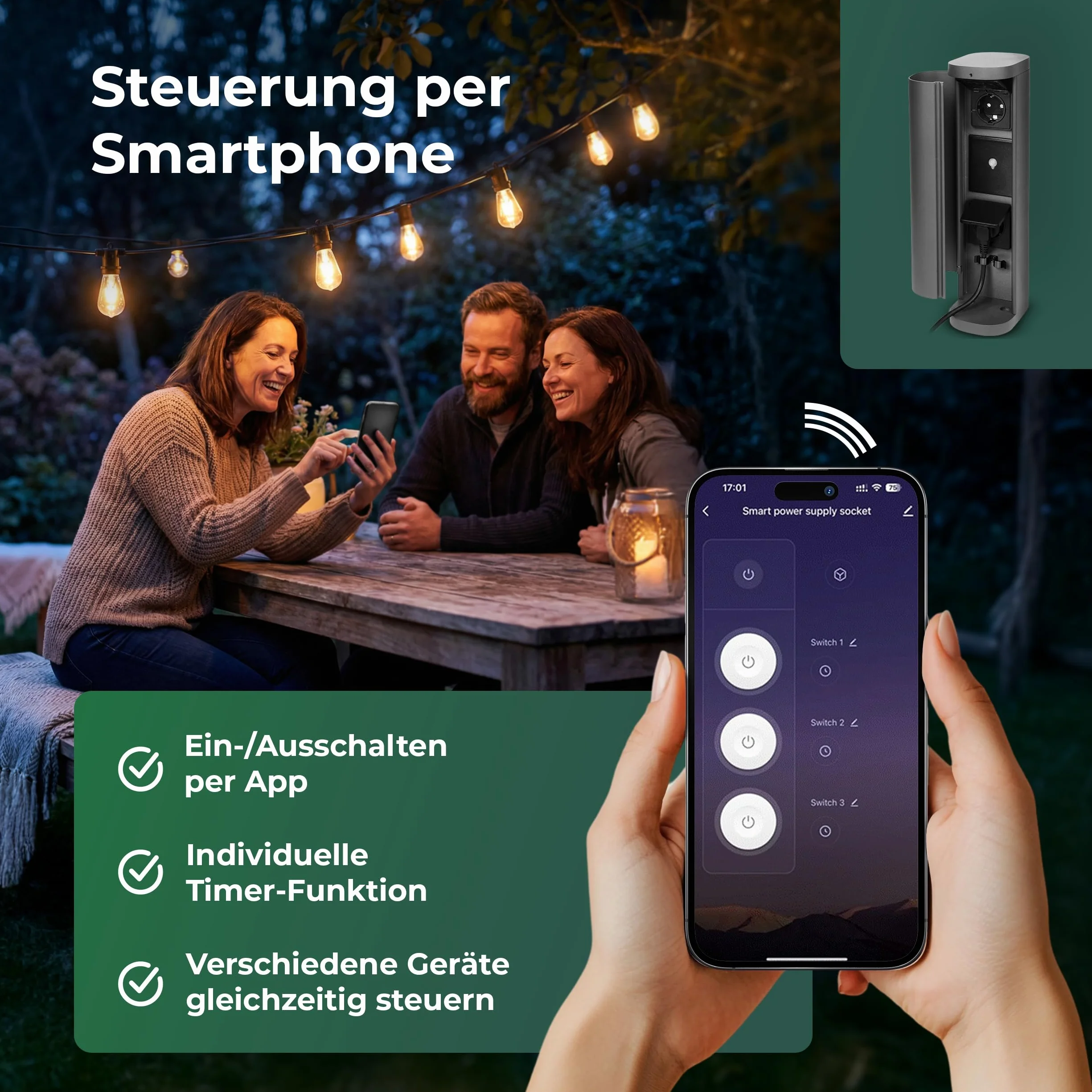 Novatool 4 x gniazdko ogrodowe, radiowe, podwójne, antracytowe, inteligentne WiFi, aplikacja IP44, okrągłe, do użytku na zewnątrz, do ogrodu, wieża z gniazdkiem