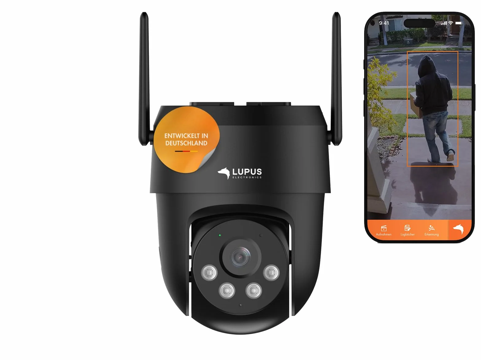 Lupus Electronics LE213 kamera alarmowa ze śledzeniem obiektów AI, WiFi 6, odwołanie do sprawcy, światło reflektorowe, syrena, brak chmury – brak braku danych, producent niemiecki, w zestawie