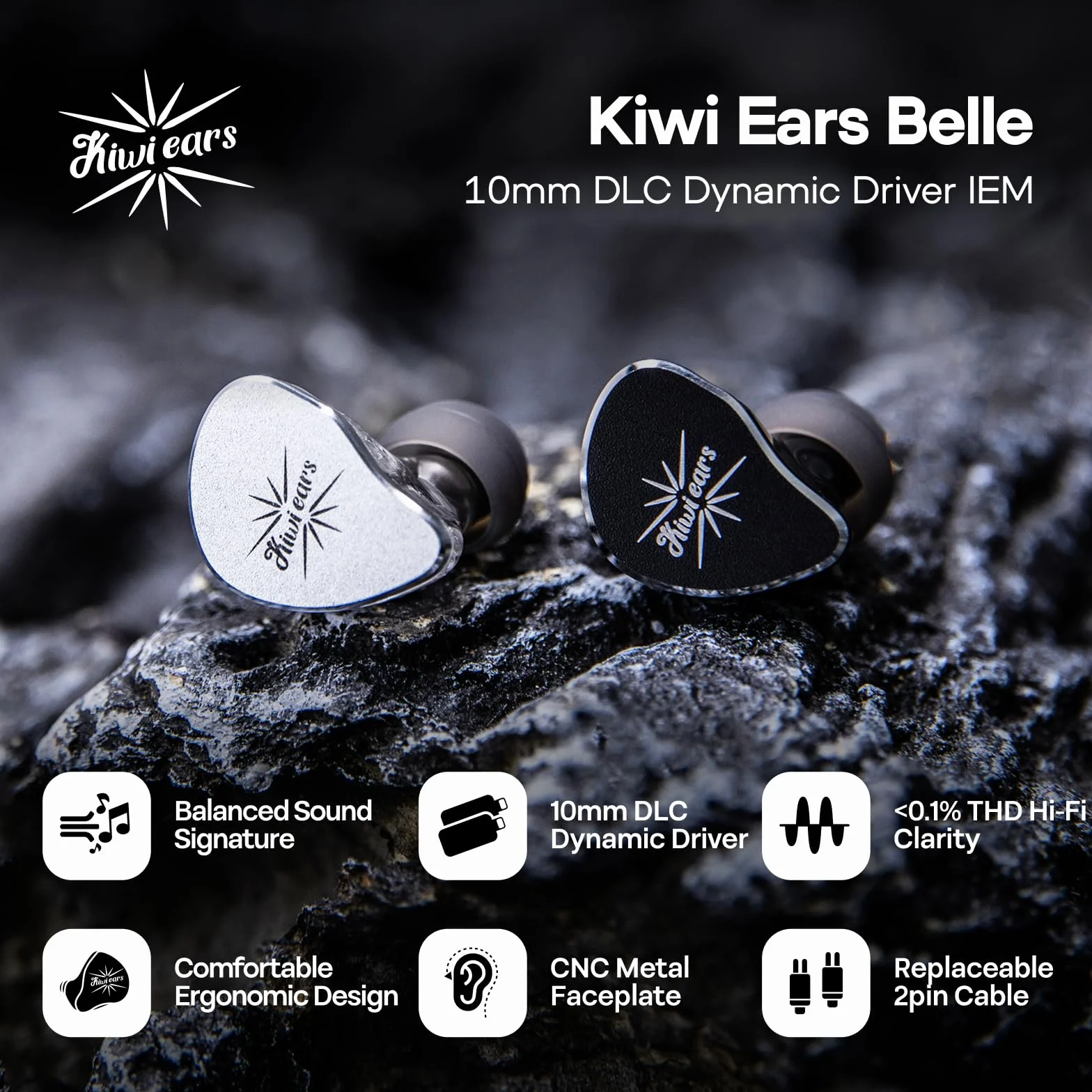 Linsoul Kiwi Ears Belle 10 mm DLC dynamiczny przetwornik douszny, przewodowe słuchawki HiFi z podwójnymi posrebrzanymi kablami do występów scenicznych/gier/produkcji muzycznej (Bez MIC, Czarny)