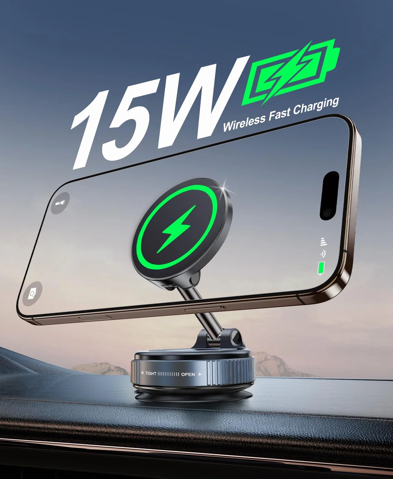 Beeasy 15 W Bezprzewodowa ładowarka samochodowa do MagSafe, magnetyczny uchwyt samochodowy na telefon komórkowy do iPhone'a 12/13/14/15/16/17 Pro Max, montaż z przyssawką i mocną podstawą