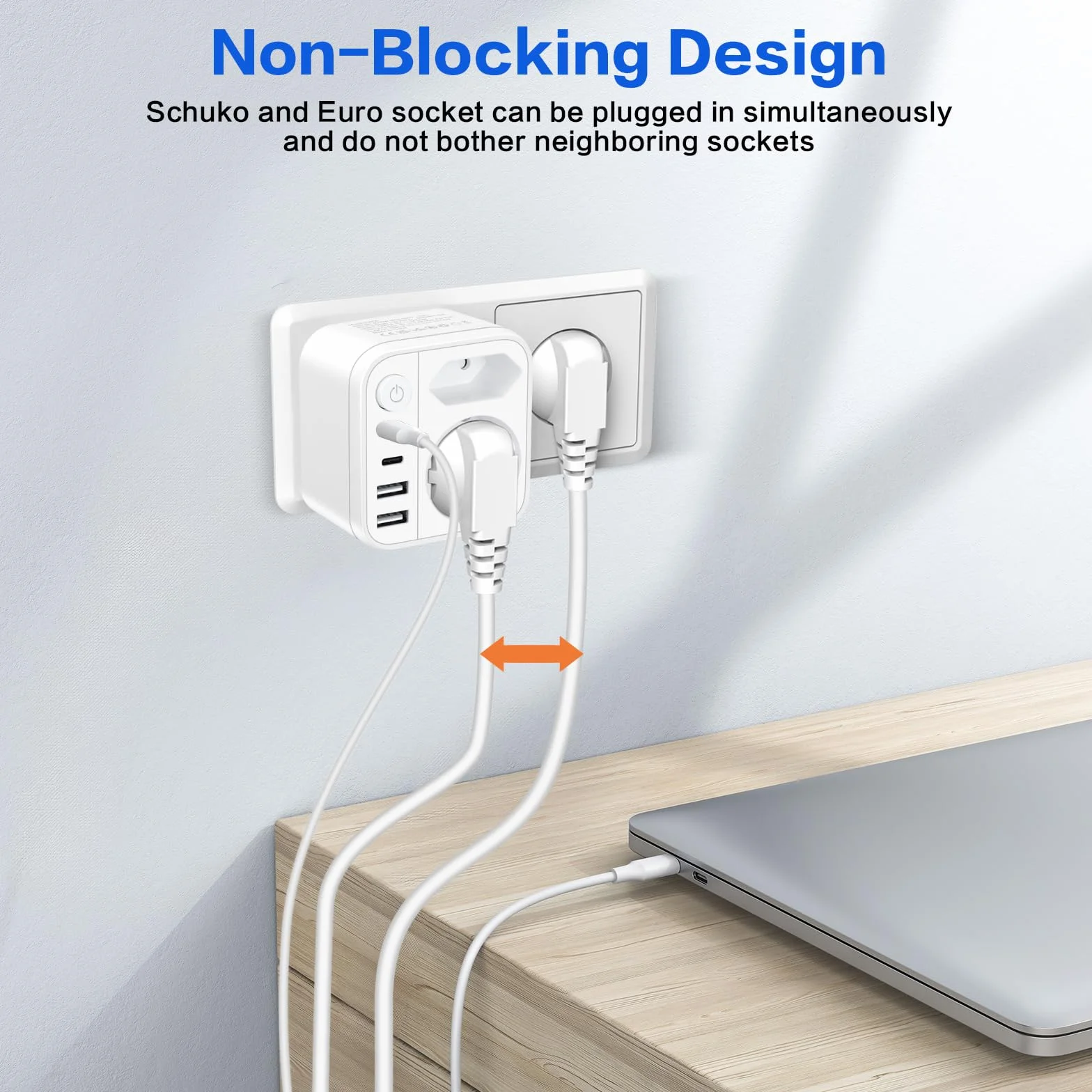 Listwa zasilająca z wejściem USB, 2-krotna, podwójna wtyczka do gniazdka z 4 listwami wtykowymi USB, listwa zasilająca do domu, biura, podróży, biała