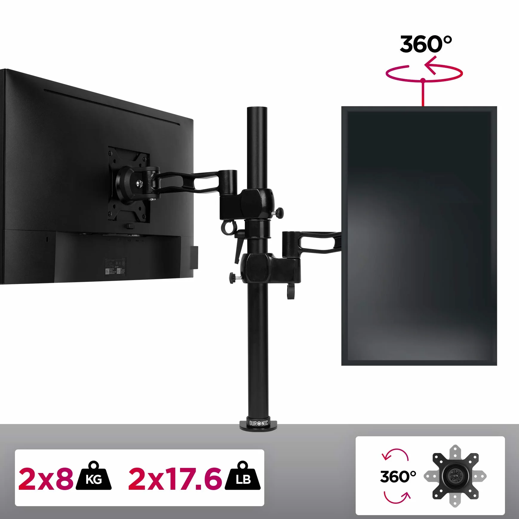 Duronic DM35V2X2 Ramię do 2 monitorów komputerowych z rozszerzeniem | Pionowy podwójny ergonomiczny przegubowy ekran PC | VESA 75 100 | Regulowana wysokość | Obrotowy nachylony | VESA 75 100 Ergonomiczna przegubowa podstawka na biurko z pionowym wyświetla