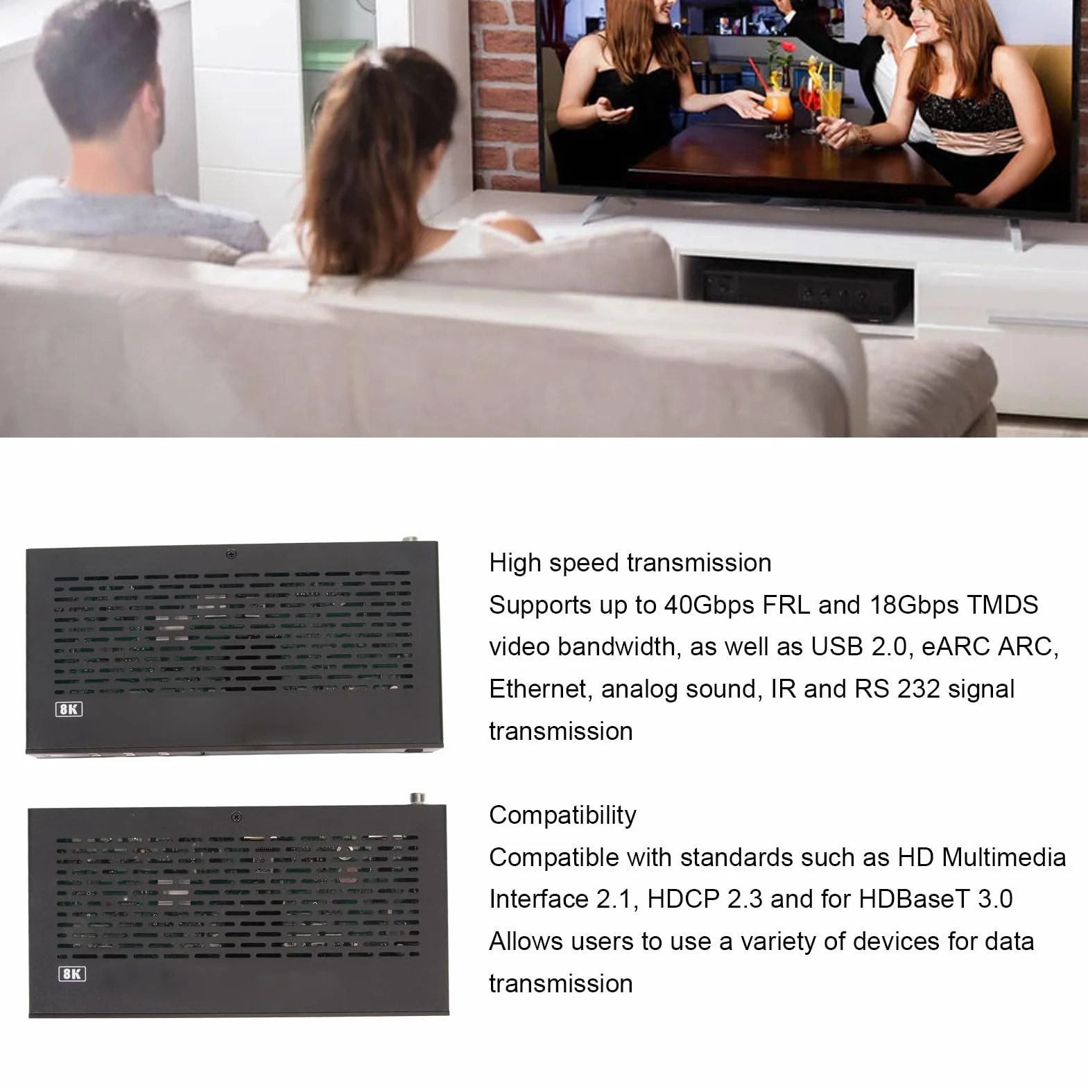 dla HDBaseT HDMI Extender, HDP-EHC100U 8K HDMI USB over dla HDBaseT Audio Video Extender Adapter, Obsługuje HDMI 2.1, HDCP 2.3, dla HDBaseT 3.0 i Dwukierunkowy POC (Wtyczka UE)