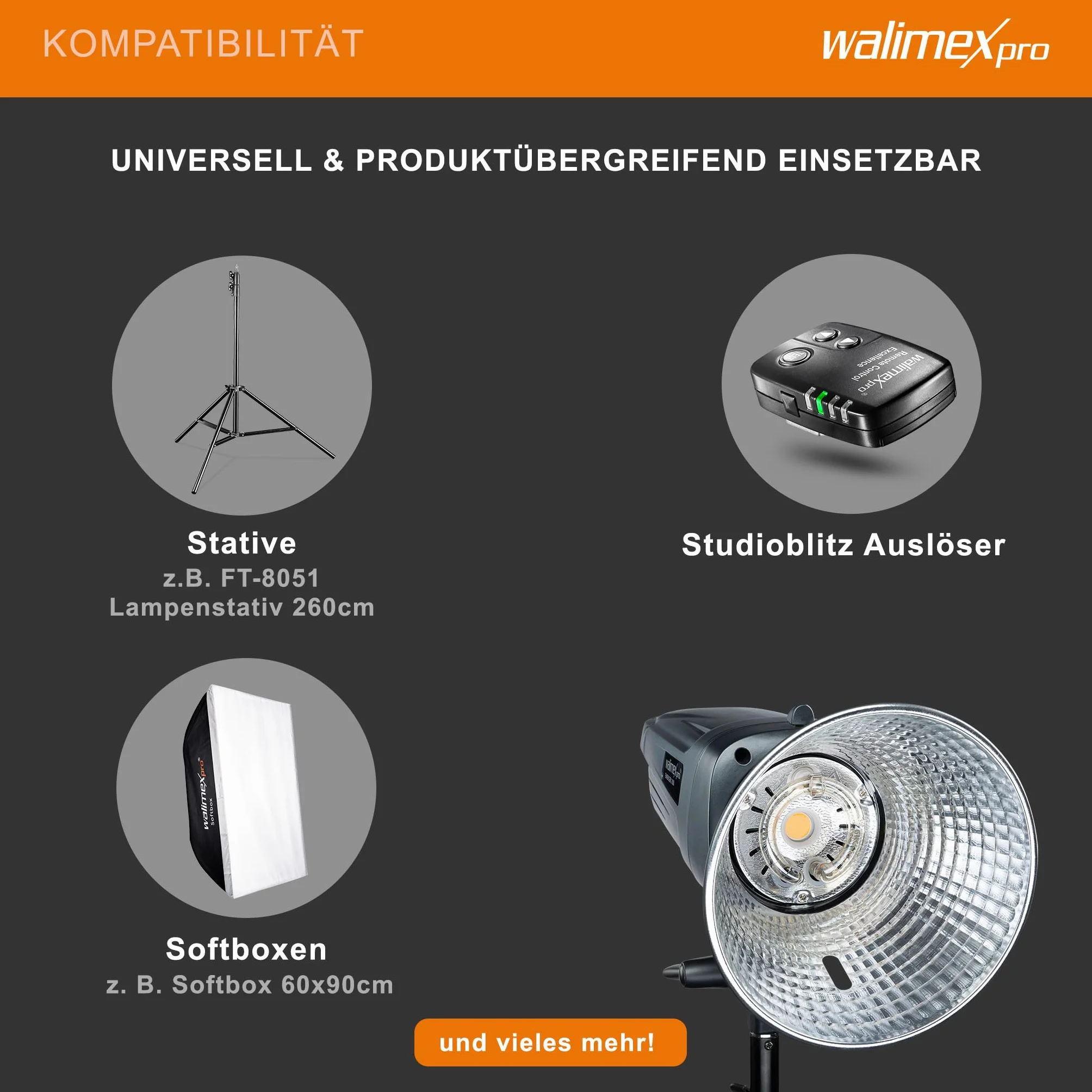 Walimex pro Emerger 200 studyjna lampa błyskowa – wydajna lampa błyskowa studyjna z odbiornikiem 2,4 GHz, 200 W, krótki czas ładowania, światło LED do regulacji, 16 kanałów i 4 grupy, kompaktowa i
