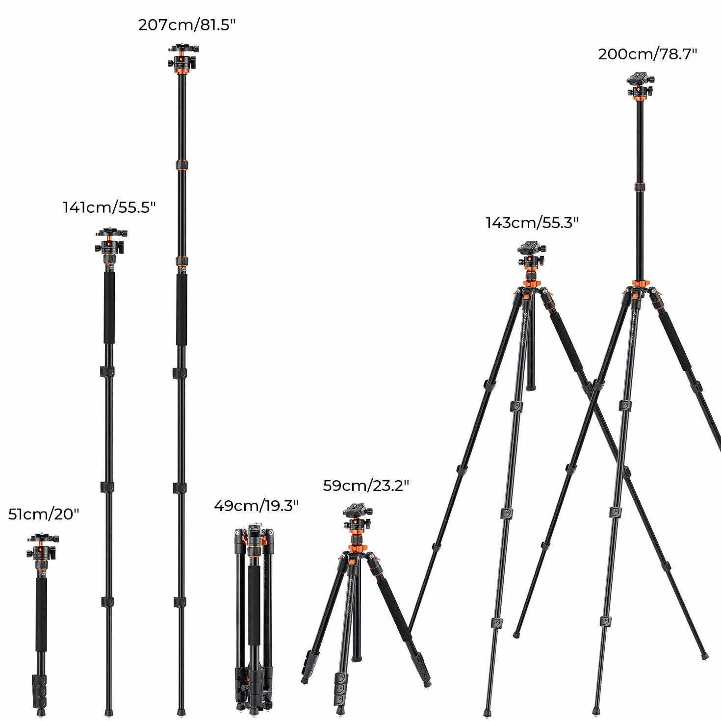 K&F Concept Statyw 200 cm, statyw do aparatu, tripod z kolumną środkową 90°, funkcja statywu jednonożnego, głowica kulowa 360° i gwint 1/4" do lustrzanki cyfrowej