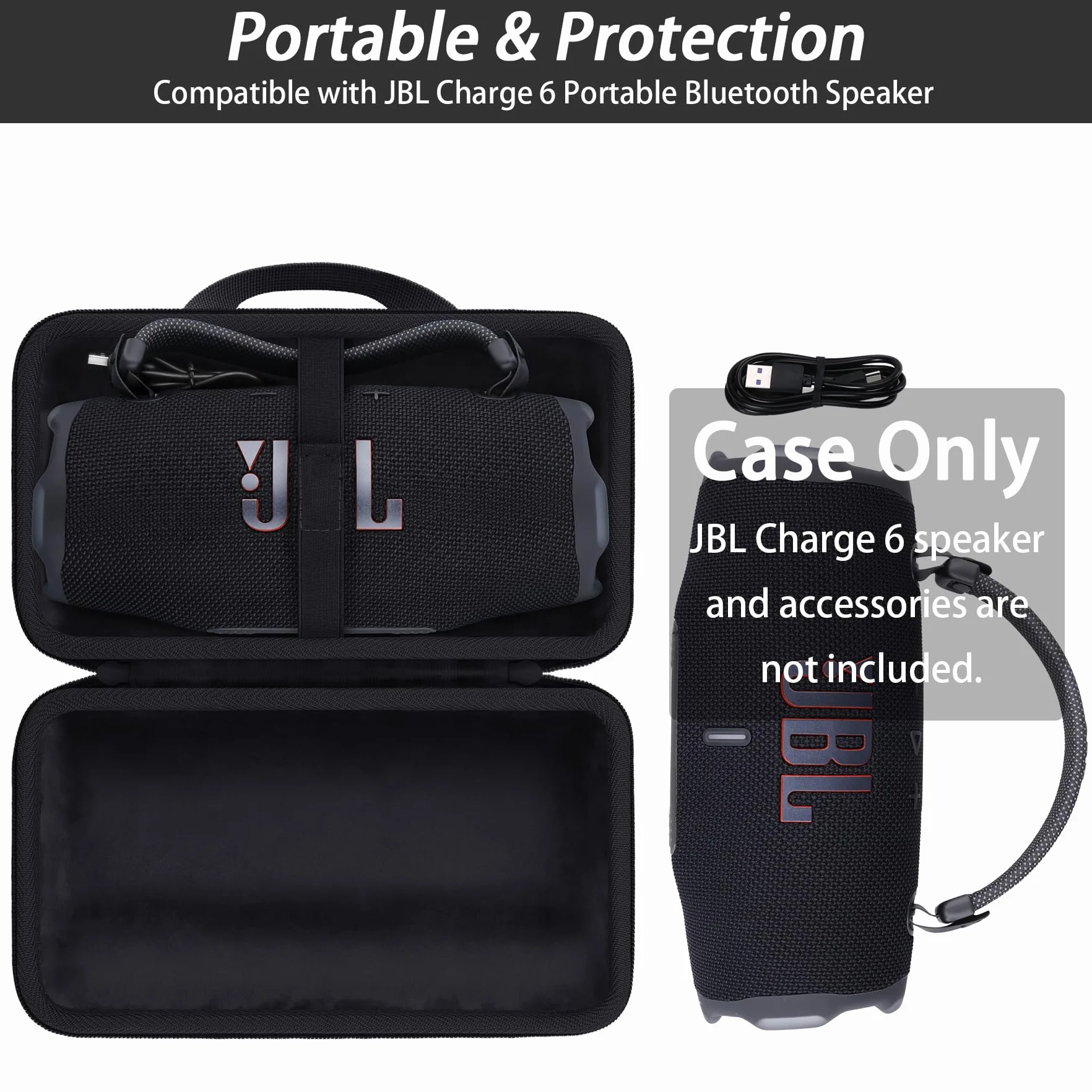 Khanka do ładowania JBL Charge 6/ Charge 5/ Charge 4 Przenośny głośnik Bluetooth Podróżny sztywny futerał transportowy z opaską na ramię, tylko etui, czarny, JBL Charge 6, Minimalistyczny