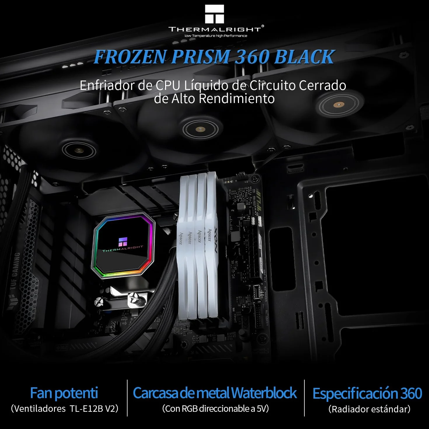 TR Frozen Prism 360 Black Chłodnica cieczy CPU z wentylatorem PWM 120 mm, wbudowany radiator chłodzący wodę do AMD/AM4/AM5, INTEL 1700/1150/1151/1200/2011