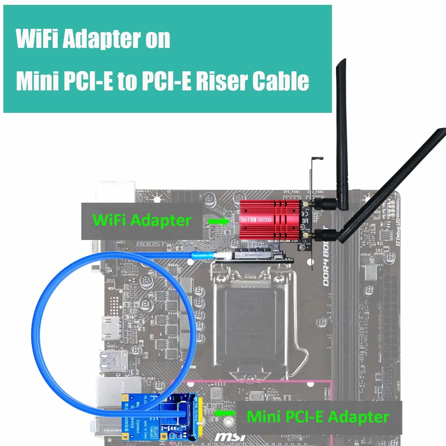 GLOTRENDS UEX105 600 mm Mini PCIe do PCIe X4 Kabel Riser (PCIe 3.0 X1 Speed), do kart PCIe WiFi, kart M.2 PCIe, kart USB PCIe, kart dźwiękowych itp.