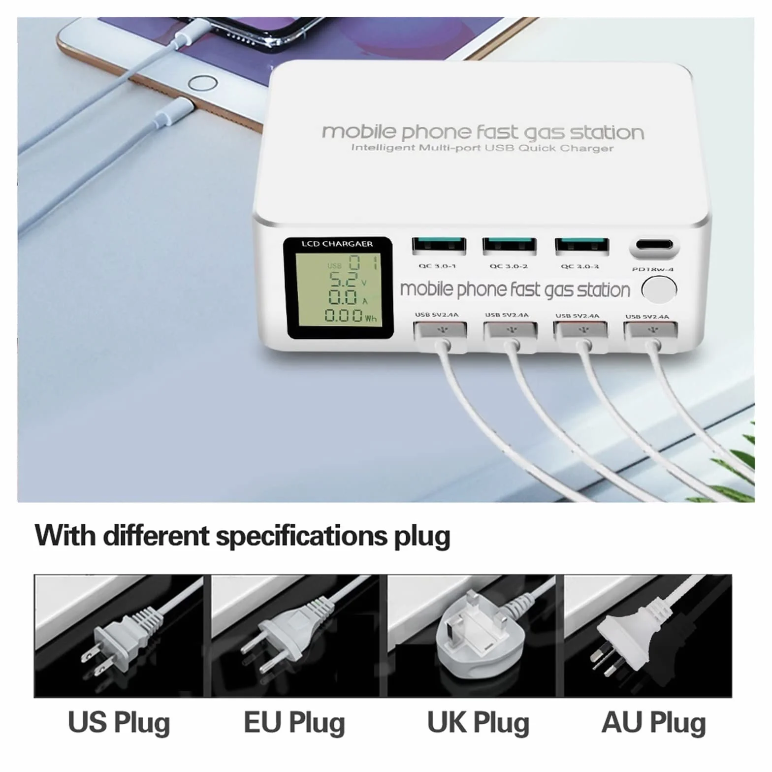 Inteligentna ładowarka USB 8 portów 100W szybkie ładowanie 3.0 PD 3.0 adapter szybkiego ładowania LCD stacja ładująca z wieloma USB do telefonu komórkowego Przenośny