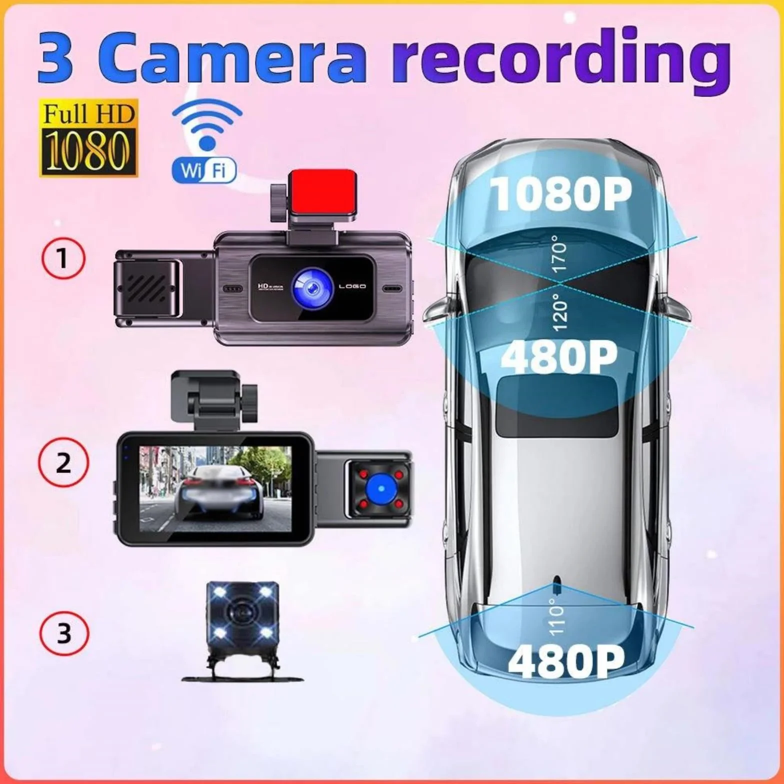 Dash Cam Przód i tył wewnątrz samochodu DVR WIFI 3-kanałowa kamera samochodowa do samochodów Rejestrator wideo Przenośna kamera cofania 1080P do akcesoriów samochodowych G-Sensor