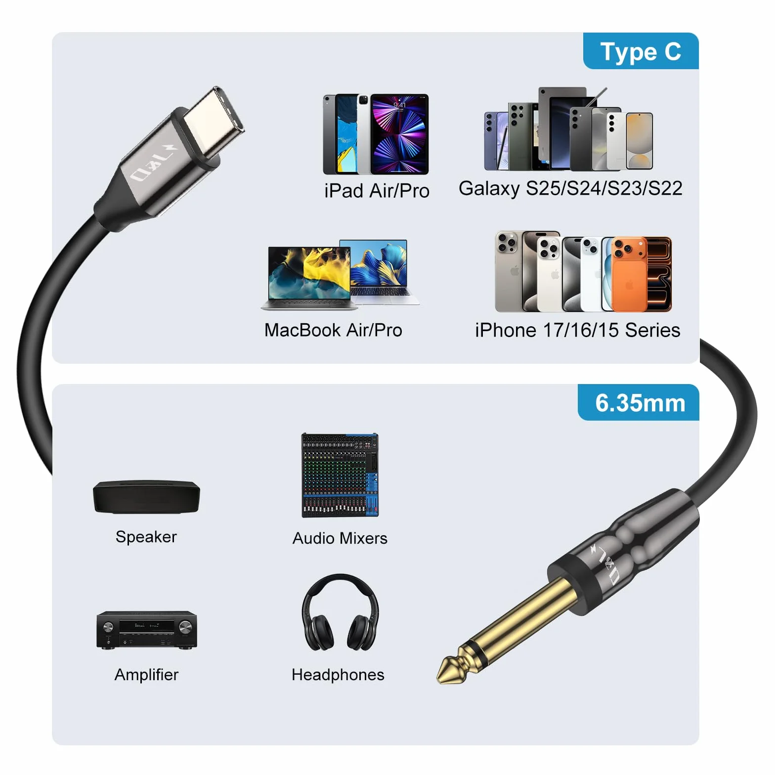J&D USB-C do 6,35 mm 1/4 cala TS Audio Mono Interconnect Aux Adapter Kabel, Kompatybilny z iPhone 16/17 Series, Galaxy S24/S25, AMP Mixer, 1 m