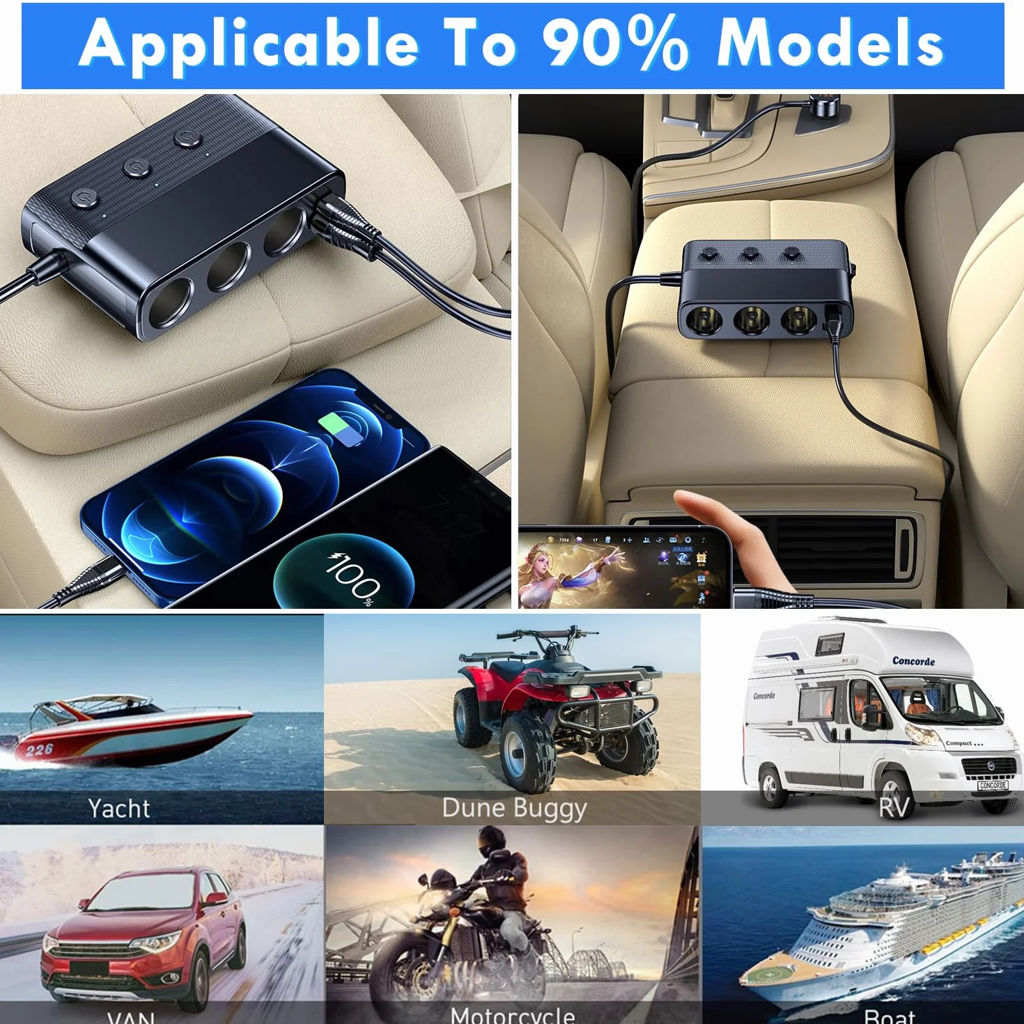 Rozdzielacz Zapalniczki Samochodowej 12V/24V, Ładowarka Samochodowa PD QC3.0 USB 127W z 3 Gniazdami i 4 Portami USB, Rozdzielacz Zapalniczki z Woltomierzem LED i Przełącznikiem