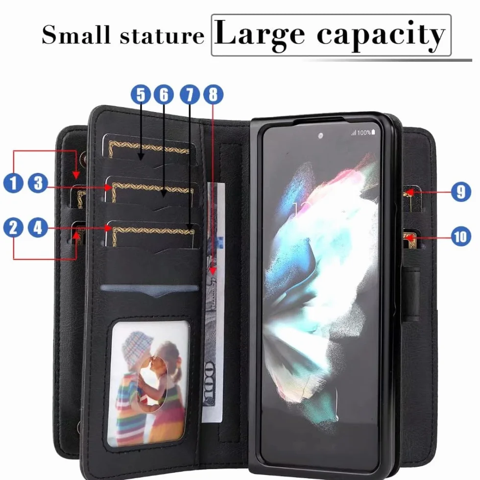 Do Galaxy Z Fold 3 5G Etui PU Skórzane zamknięcie magnetyczne 10 Posiadacz karty Podpórka Twarda obudowa PC do Samsung Z Fold4 S22 S21, Ciemnoczerwony, Do Samsung S22