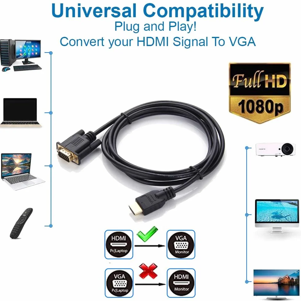 MMOBIEL HDMI do kabla VGA Obraz HDMI do VGA Męski D-Sub 15 Pin M/M złota 1,8 metra