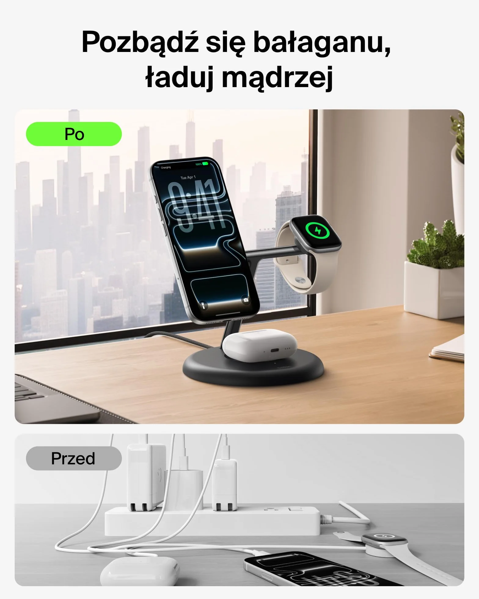 Belkin UltraCharge Bezprzewodowa Stacja Ładująca 3 w 1 z Qi2, 25 W – Czarna | Zgodna z MagSafe Ładowarka do Urządzeń iPhone, Apple Watch i Słuchawek, Certyfikat Qi2.2, z Kablem USB-C i Zasilaczem 45 W