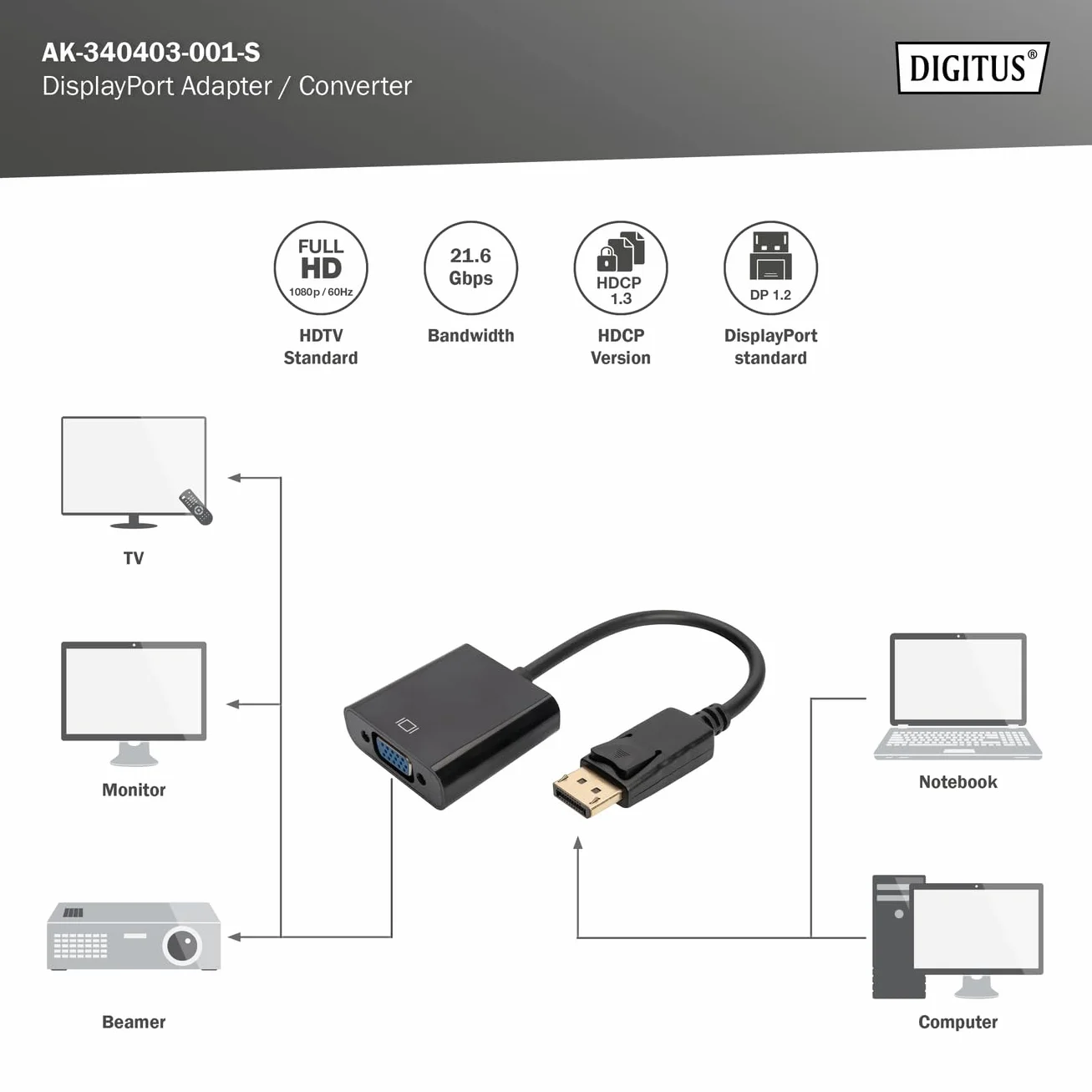 DIGITUS Adapter graficzny DisplayPort, DP do VGA, Full HD 60Hz, 1920 x 1080 pikseli, czarny