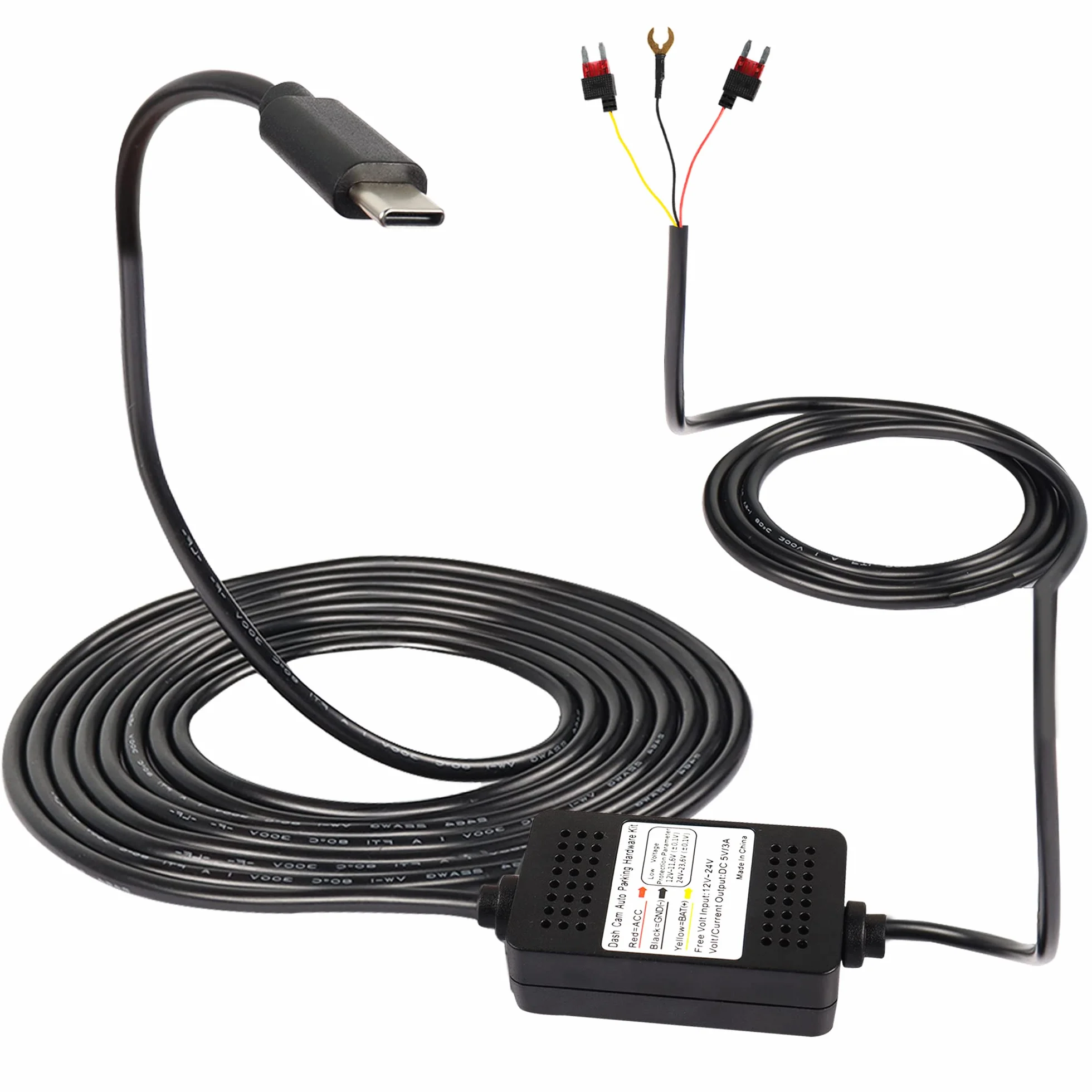 MEIRIYFA Zestaw kamery samochodowej ACC Hardwire, USB typu C Hardwire Dashcam Kit Step-Down kabel, 12 V-24 V do DC 5 V 3 A przewód zasilający ładowarki samochodowej - 3,5 m
