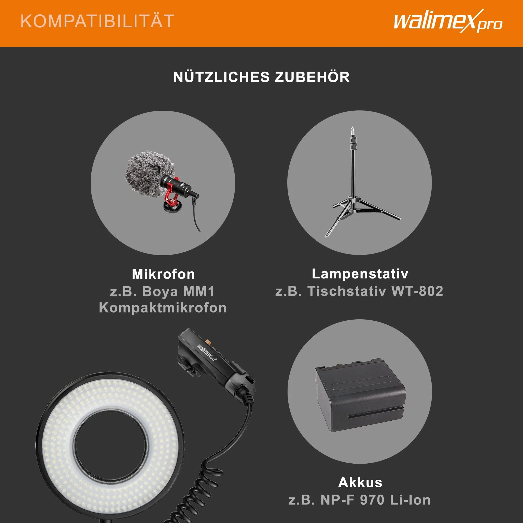 Walimex pro Lampa pierścieniowa makro LED DSR 232, pierścień 14 W z 232 LED-ami, płynna regulacja lampy filmowej