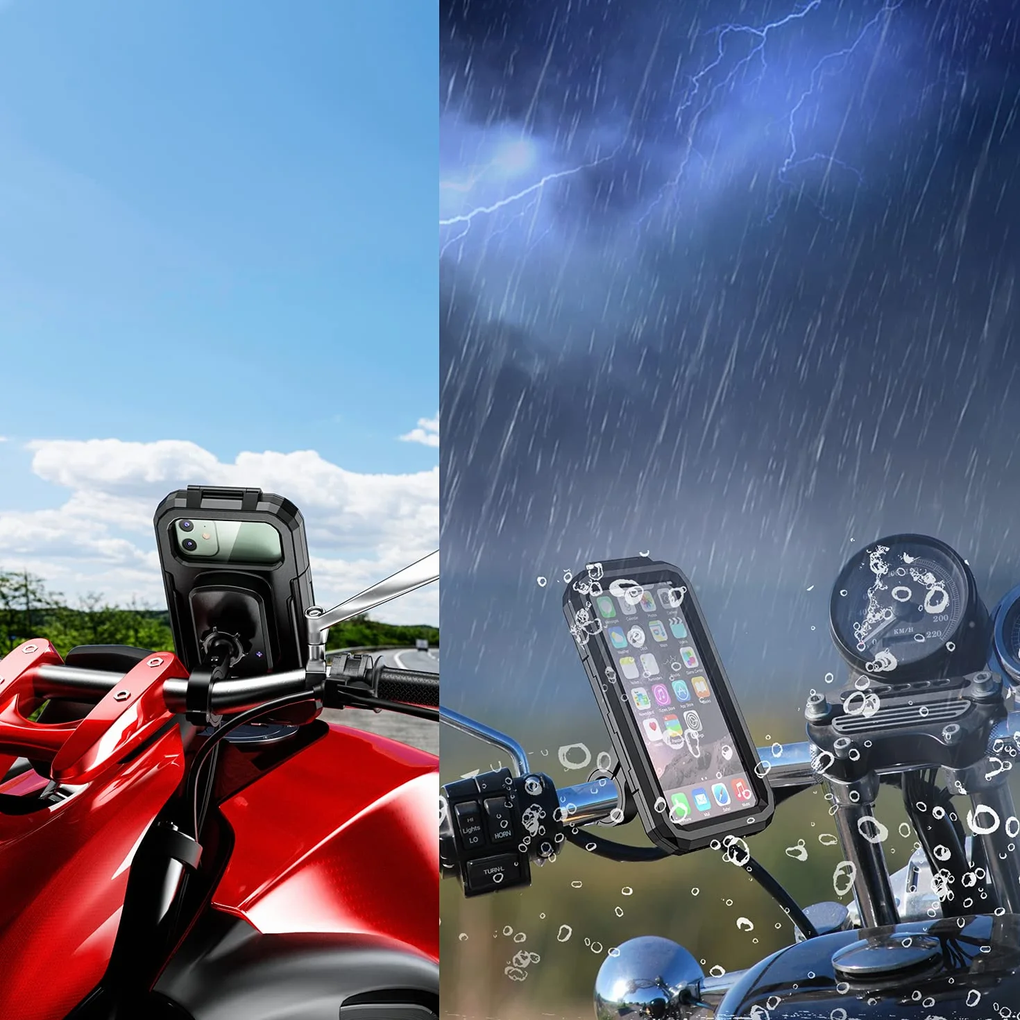 iMESTOU Wodoodporny uchwyt na telefon motocyklowy IP67/ładowarka USB C do kierownicy telefonu komórkowego z obrotem o 360° do telefonów 4,7-6,1" (S)