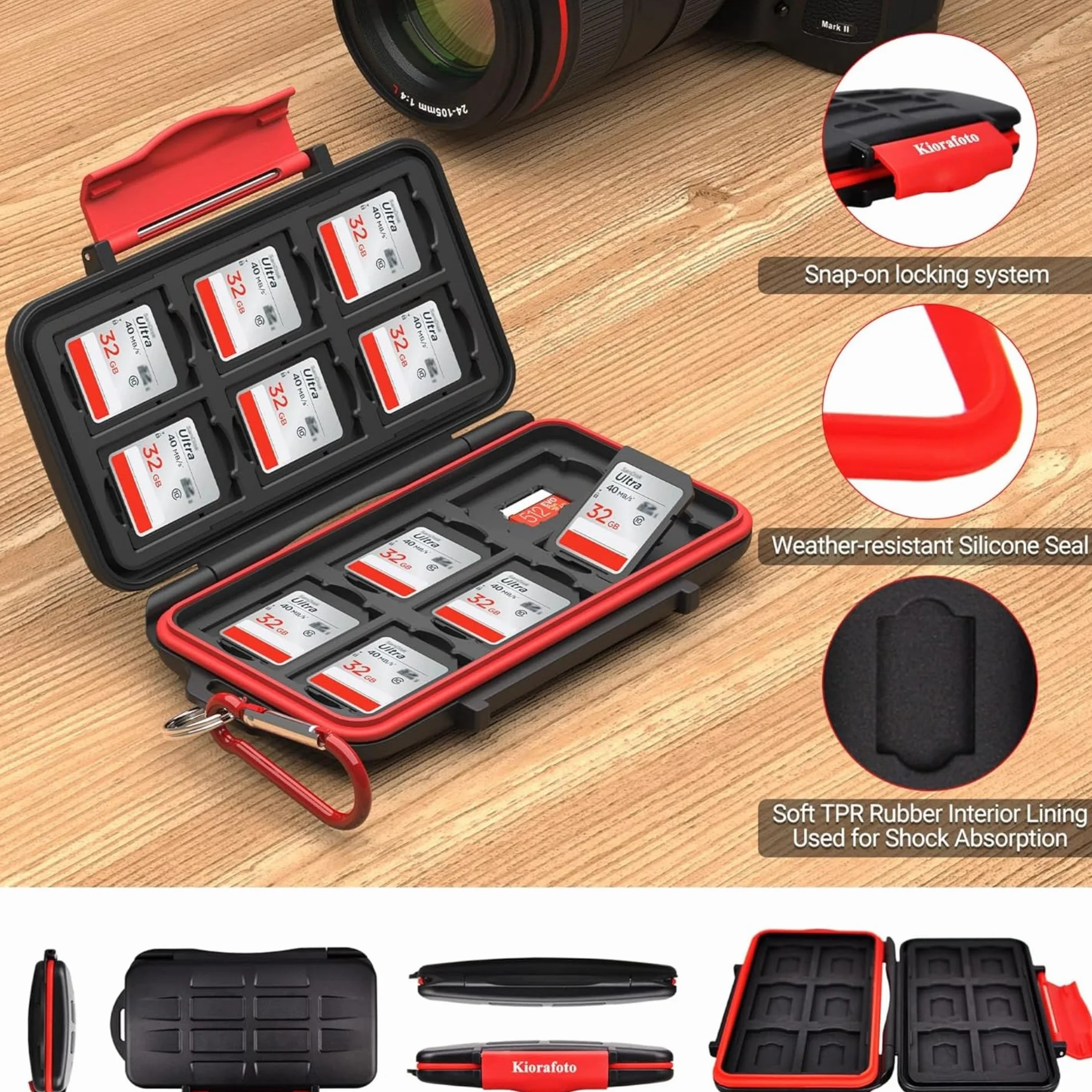 Kiorafoto Wodoodporne Etui na Karty SD SDHC SDXC TF MSD z Karabinem na 24 Karty