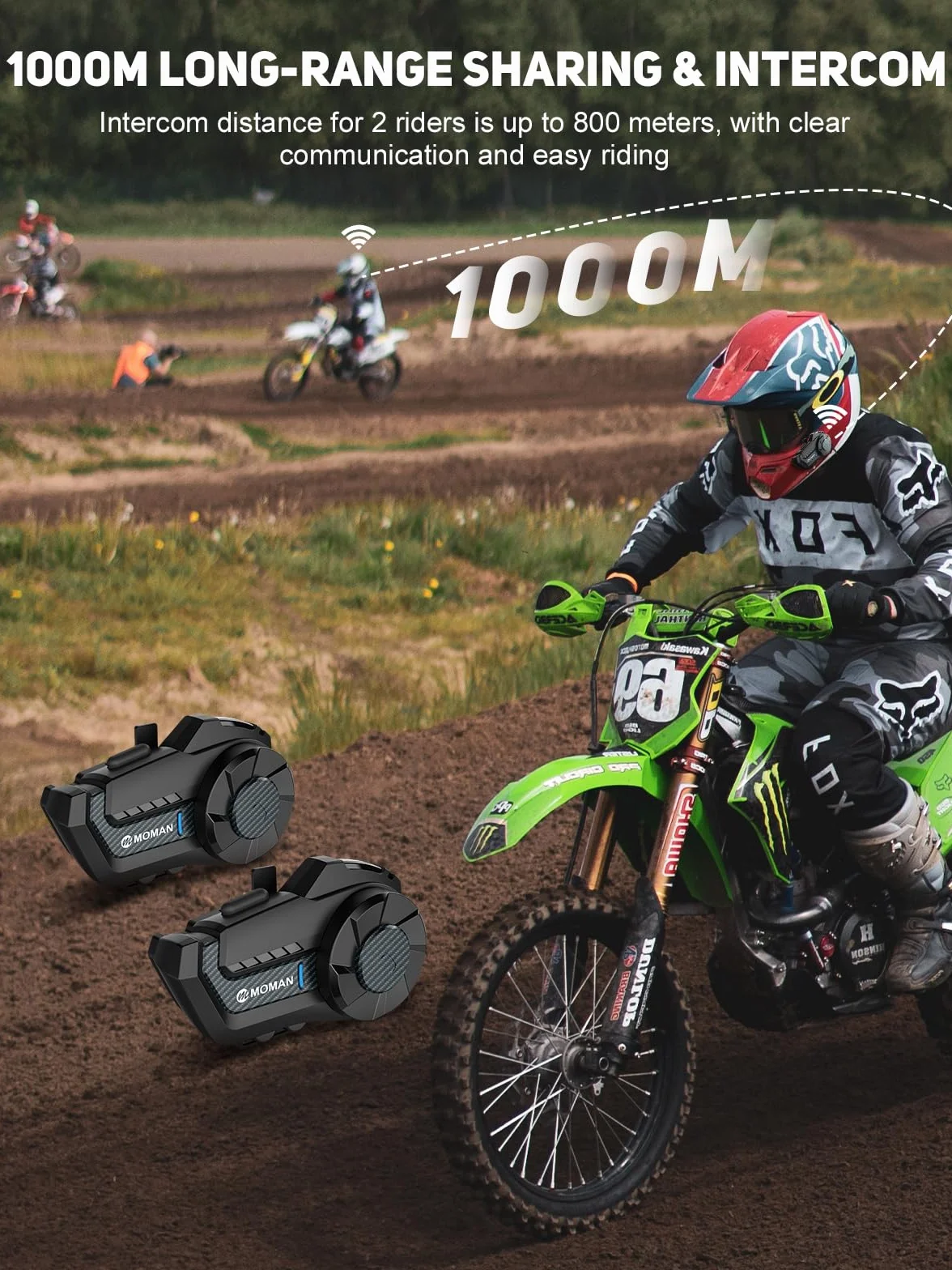 Moman H2 motocyklowy interkomowy zestaw słuchawkowy (2 sztuki, włókno węglowe), kask motocyklowy, interkomowy system komunikacji Bluetooth do 1000 m, z redukcją szumów DSP i CVC