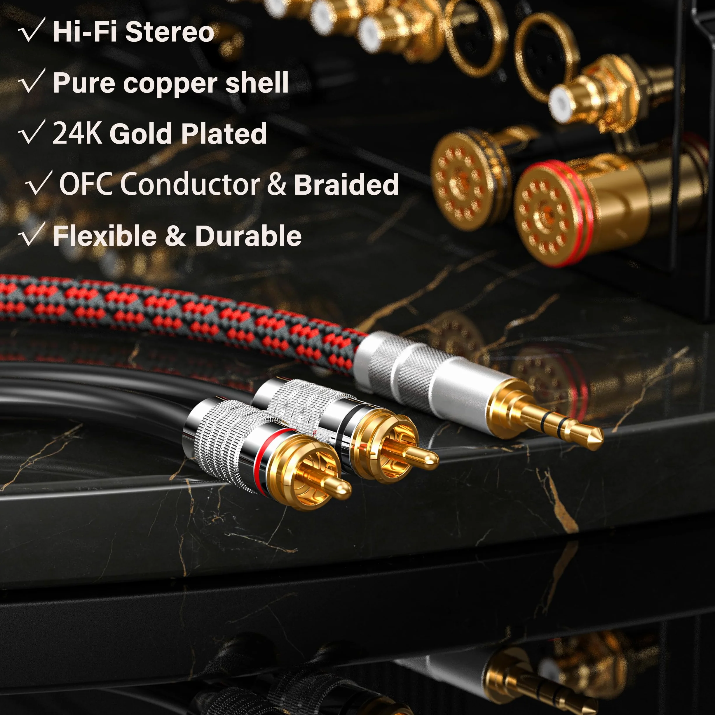 Kabel RCA na 3,5 mm, Aux na RCA adapter gniazda męskiego na męskiego gniazda audiofilskiego pleciony pozłacany przewód audio Y do smartfonów, tabletów, głośników, MP3, HDTV i innych