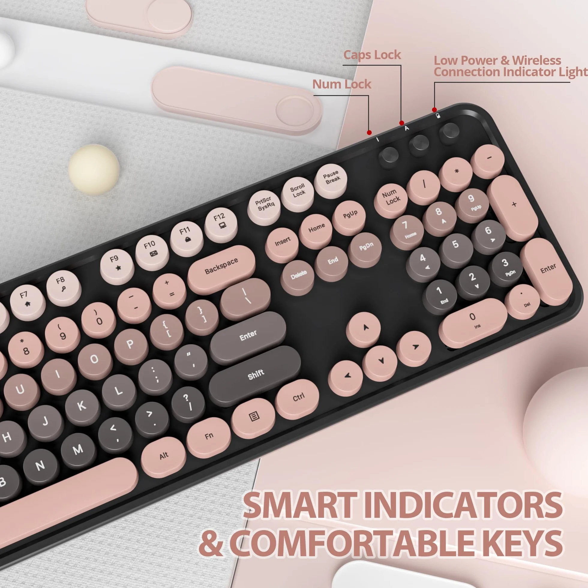 Bezprzewodowa klawiatura myszy, okrągła klawiatura retro maszyna do pisania, urocza klawiatura komputerowa 2,4G, amerykańska QWERTY, bezprzewodowa ergonomiczna klawiatura z 104 klawiszami