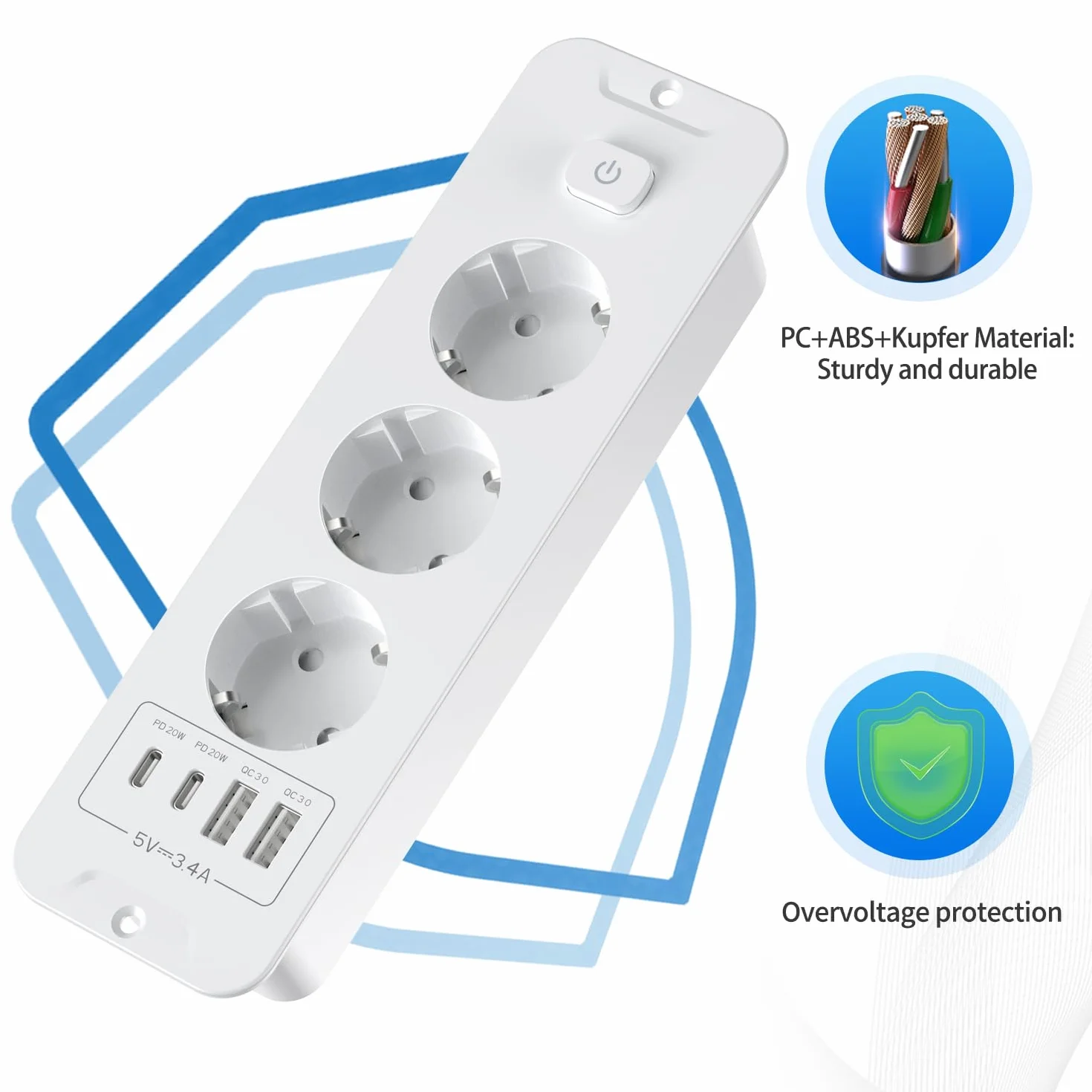 Gniazdo wtykowe do zabudowy z USB, 3-krotne gniazdko stołowe z USB A i Type-C, 7 N 1, blat stołu, wpuszczane potrójne gniazdko z kablem przedłużającym 2 m, listwa zasilająca do zabudowy, do biura,