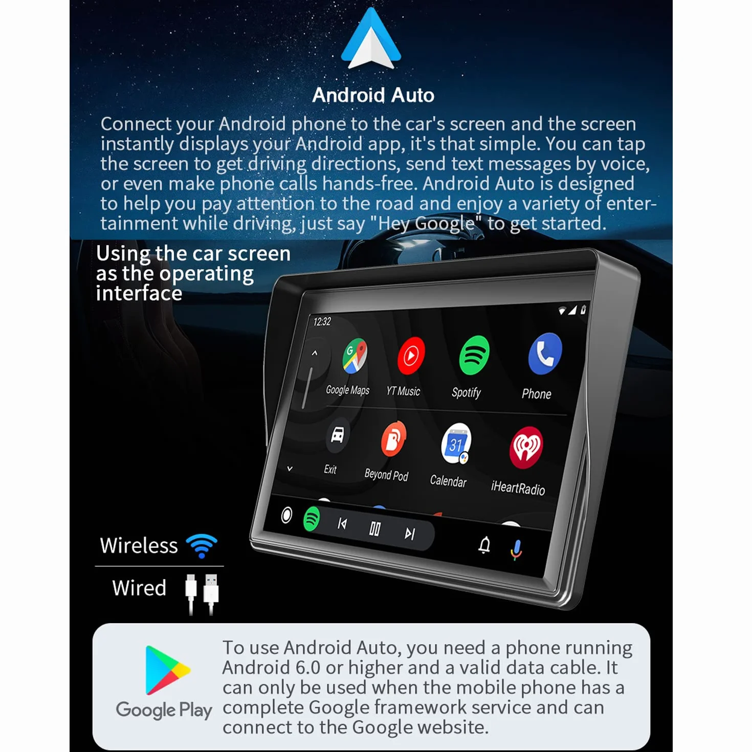 Compatible for bezprzewodowym Carplay Android Auto Przeno?ny monitor samochodowy, 7" ekran dotykowy stereo z kamer? cofania Transmiter Bluetooth FM AUX/USB/TF 9V-36V Pilot zdalnego sterowania