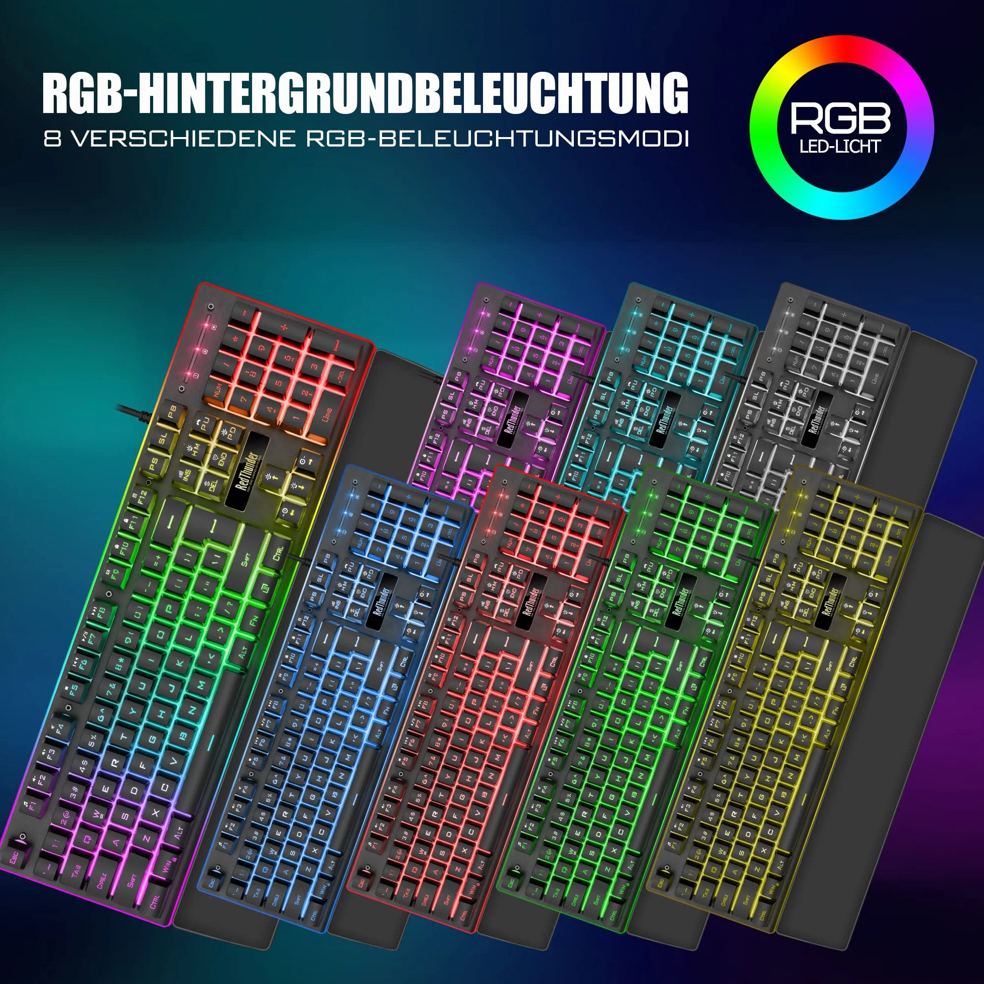 RedThunder K10 zestaw klawiatury i myszy do gier, układ QWERTZ DE, metalowa płyta i podpórka pod nadgarstek, podświetlenie RGB i ergonomiczna 7D dla graczy PC (czarny)