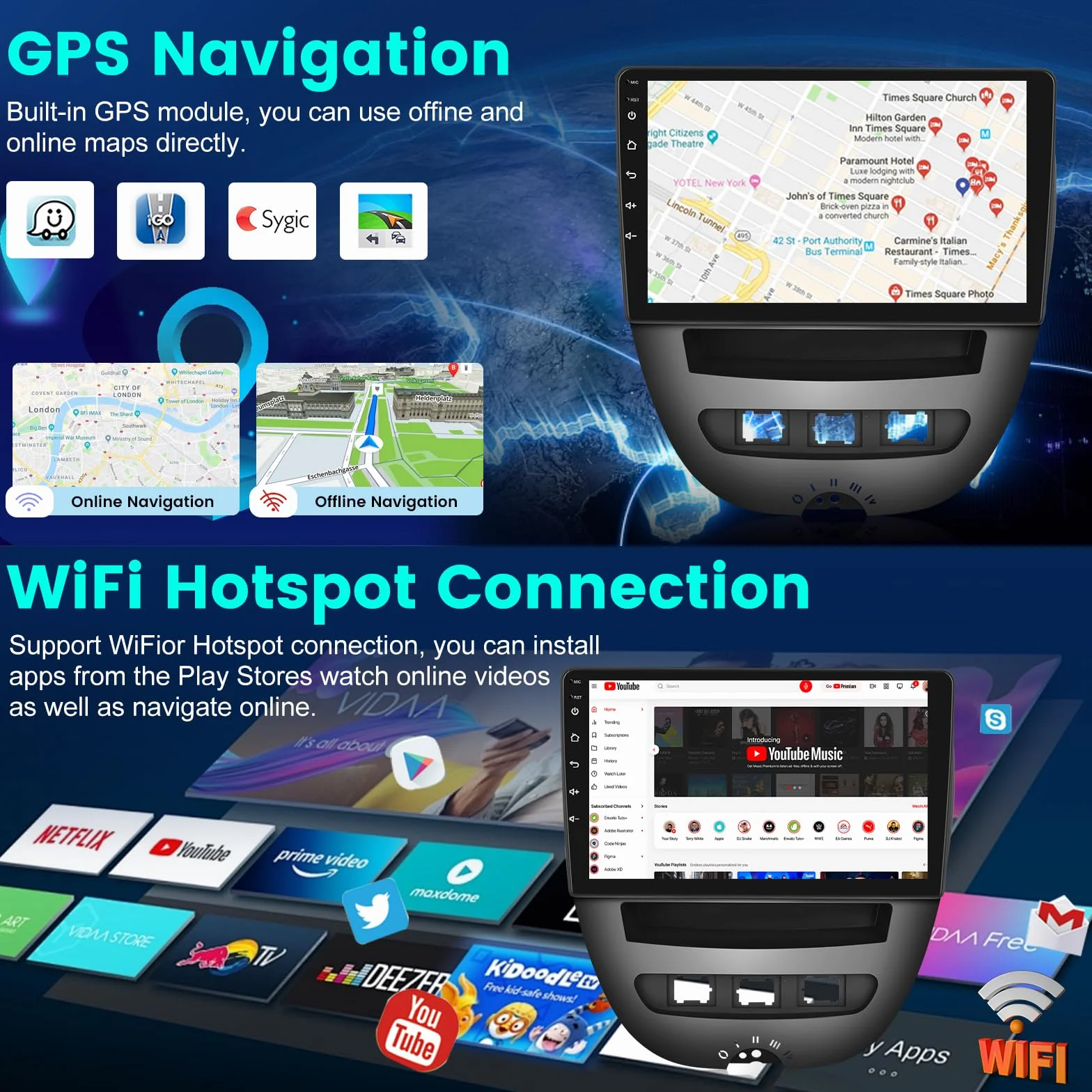 Radio samochodowe 2G+64G Android 13 do Toyota Aygo/Peugeot 107/Citroen C1 2004-2014, 10,1-calowy ekran dotykowy stereo, bezprzewodowe Carplay i Android Auto/GPS/WiFi/Bluetooth/EQ/FM RDS Radio
