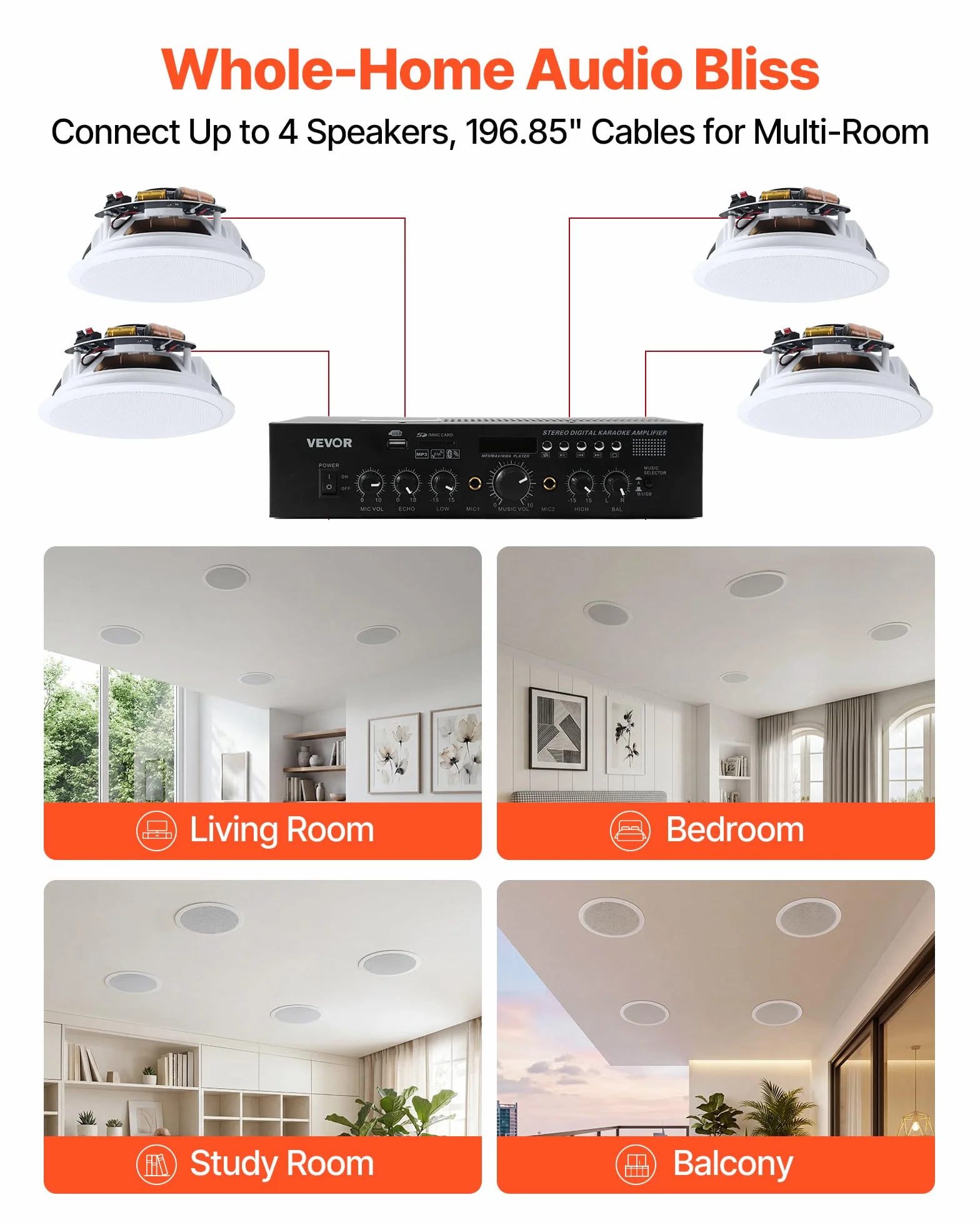 VEVOR Wbudowany głośnik sufitowy Bluetooth 165,1 mm, 4-częściowy zestaw głośników sufitowych do wilgotnych pomieszczeń, kino domowe, salon, zadaszony ganek, ze wzmacniaczem, 2-drożny montaż podtynkowy