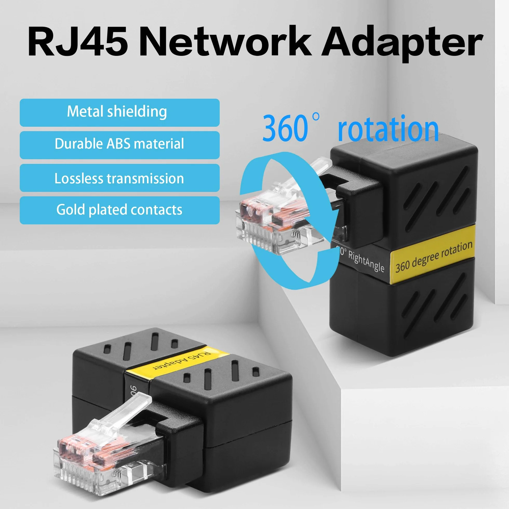 YACSEJAO 2 szt. adapter Ethernet obracany o 360°, 90 stopni kątowy adapter przedłużający Cat5/Cat6, gigabitowe złącze męskie na żeńskie RJ45