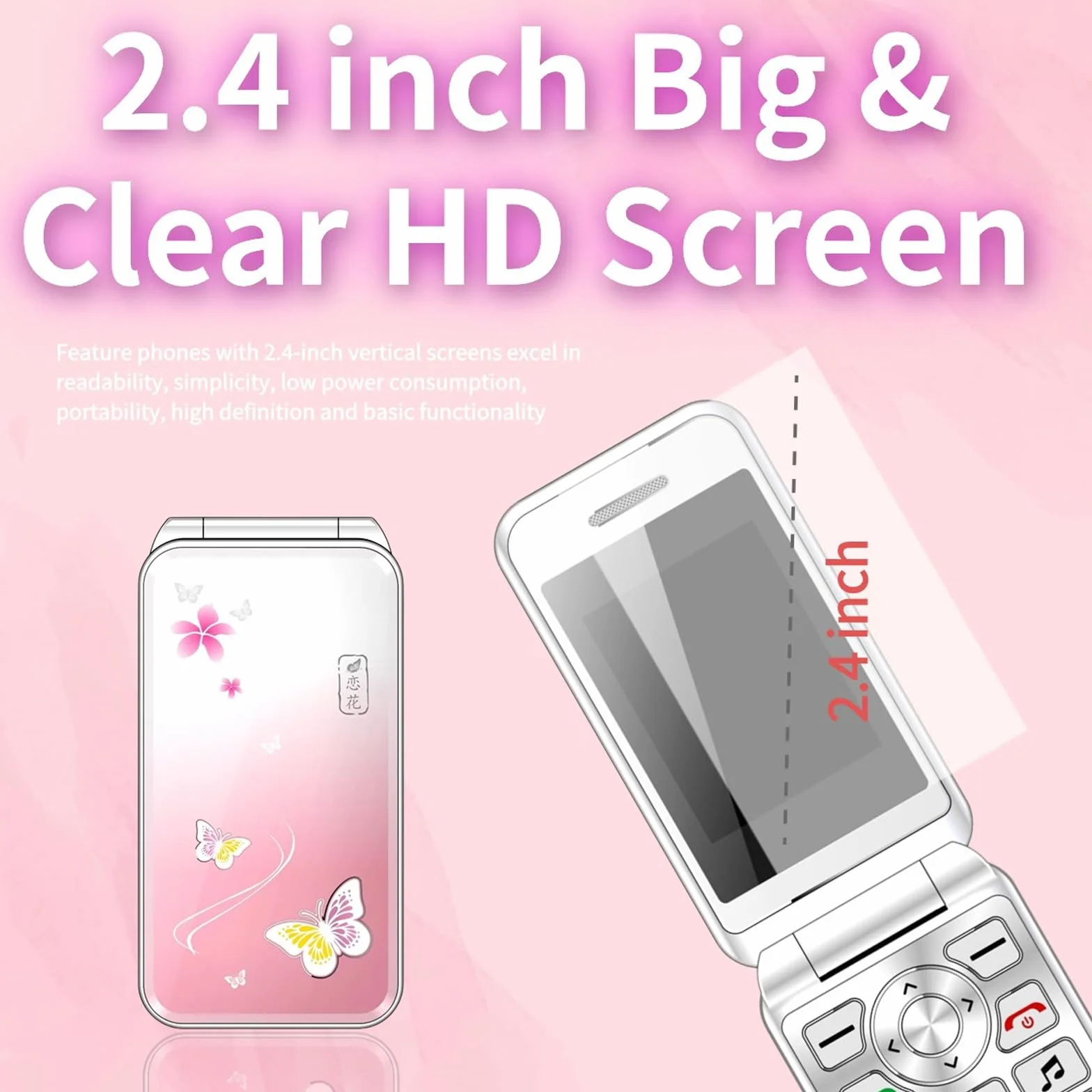 Podstawowy telefon komórkowy dla osób starszych, telefon komórkowy 2G z dużym przyciskiem, odblokowany, standard sygnału GSM, obsługa kart dual SIM + SD,Pink
