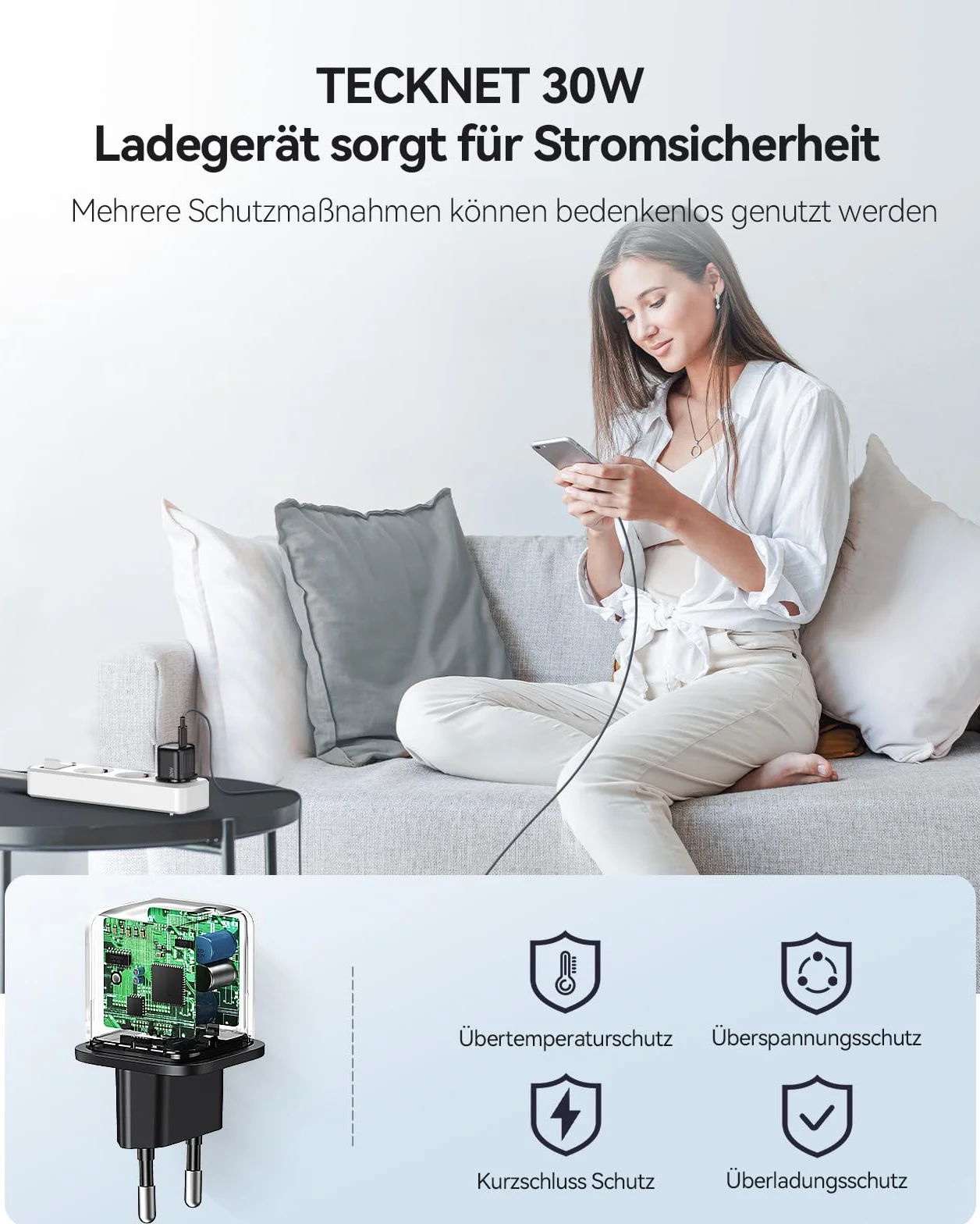 TECKNET 30W ładowarka USB C PD 3.0 GaN III kabel 2M typu C