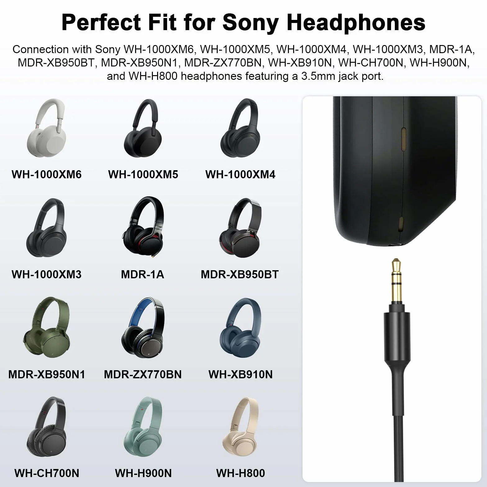 Zamienny kabel audio WH-1000X do słuchawek Aux kompatybilny z Sony MDR-XB950BT MDR-1000X WH-1000XM2 WH-1000xm3 WH-CH700N MDR-100ABN MDR-1A MDR-1ADAC MDR-XB950N1 słuchawki bezprzewodowe (czarne)