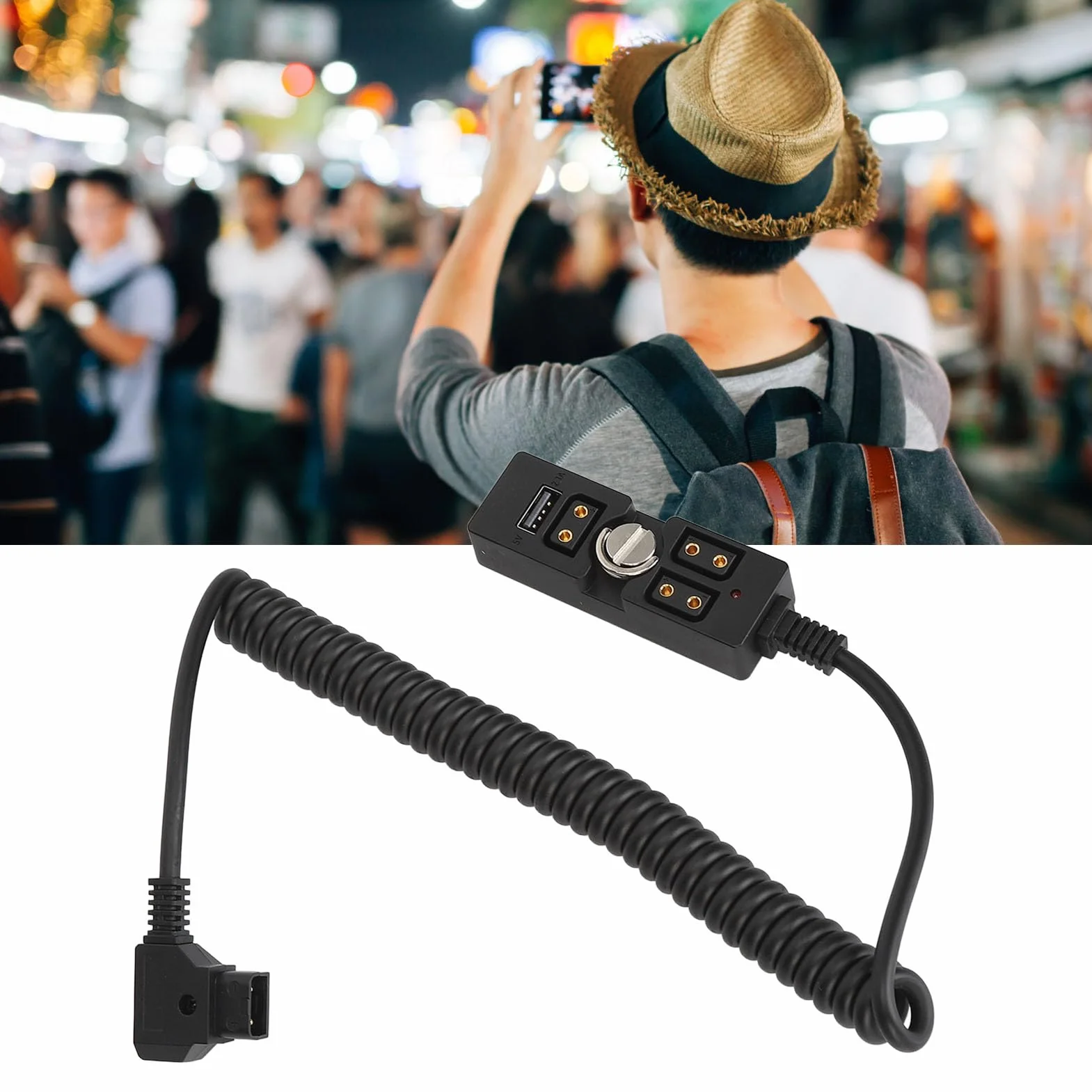 Rozdzielacz D-Tap Męski na 3-portowy żeński Kabel Zasilający ze Wskaźnikiem USB 5 V, Koncentrator Zasilacza D Tap Kompatybilny z Akumulatorem/monitorem z Mocowaniem V