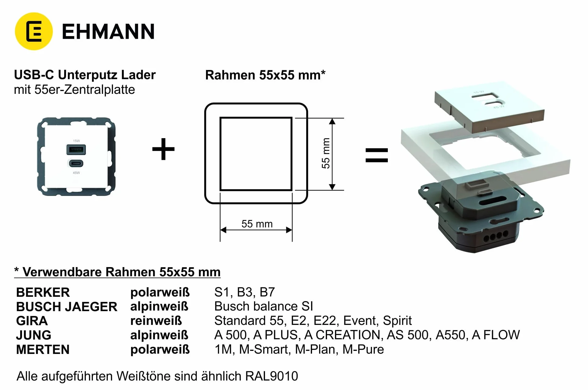 EHMANN zestaw 2 w 1, wbudowana stacja ładująca USB, USB-C 45 W + ładowarka USB-A 15 W i kabel USB C/C, ładowanie (100 W) + transmisja danych (480 Mbps) + pomiar mocy (wyświetlacz), długość 3 m,