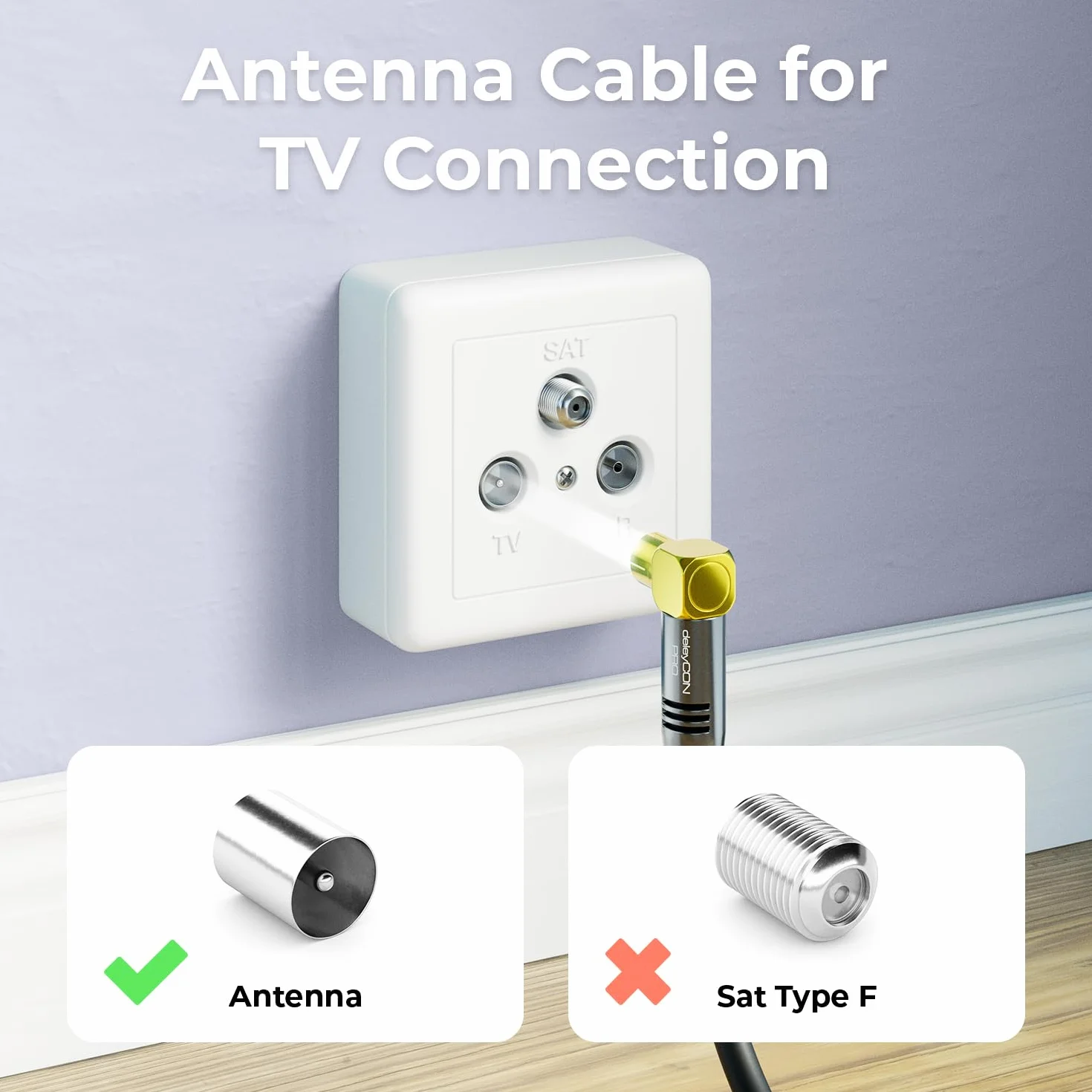 deleyCON 3,0m Kabel Antenowy TV 4K - 4K Ultra HD Full HD HDTV - 2x Kątowy - Kabel Koncentryczny - Wtyk IEC (90°) do Gniazda IEC (90°) - Metalowe Złącza - Czarny