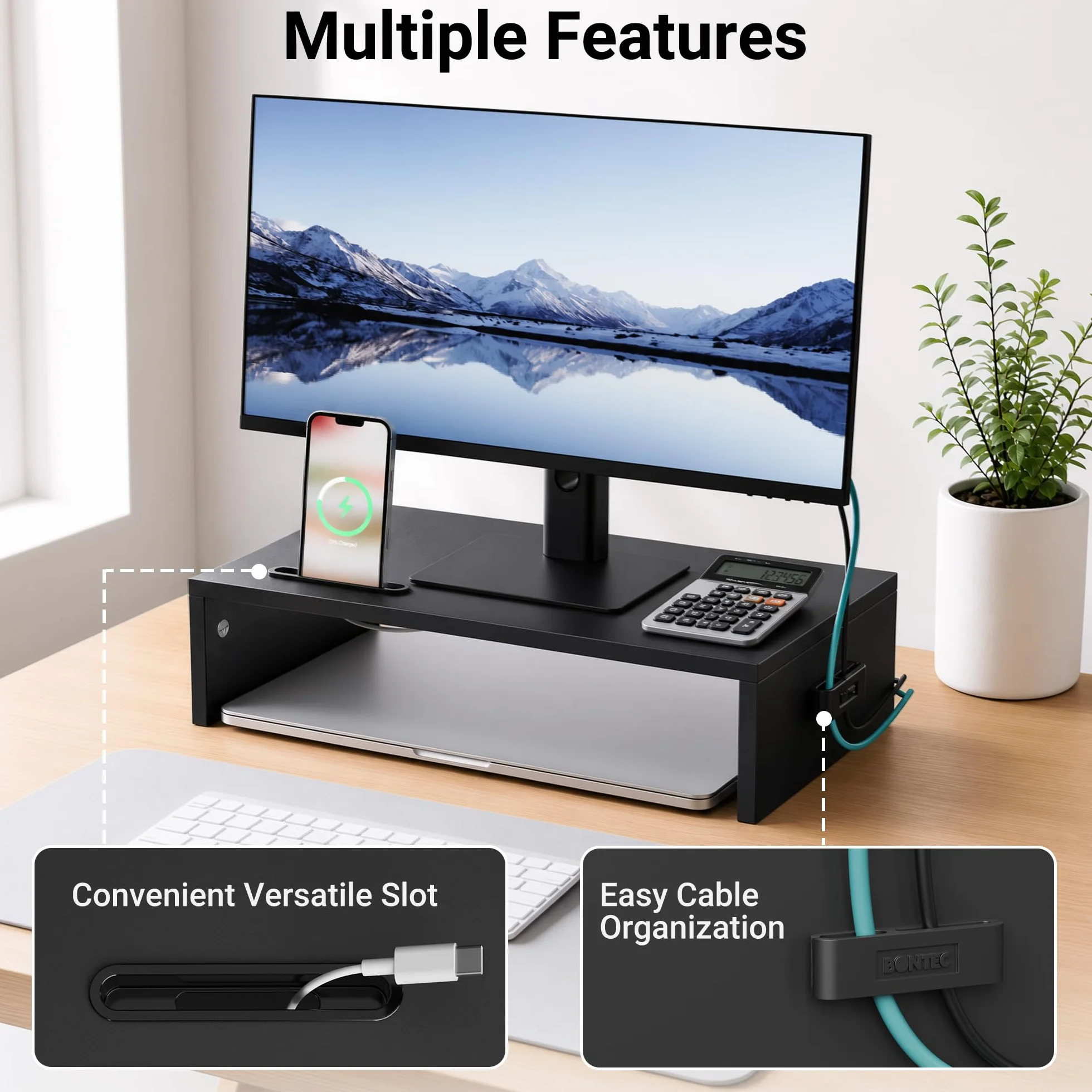 BONTEC Podstawka pod monitor, stojak na monitor, uchwyt na telefon, ergonomiczna podstawka pod drukarkę, pod laptopa z miejscami na kable, do komputerów, notebooków, iMaców, Pecetów, 42 cm, czarny