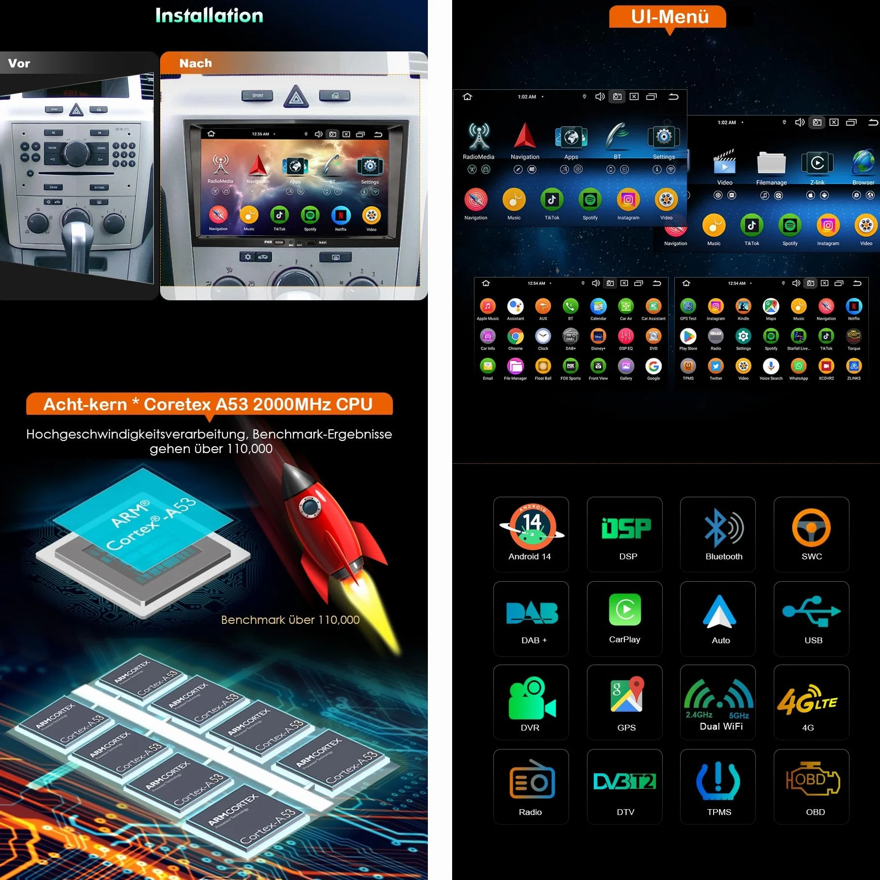Erisin 8 cali 2 DIN radio samochodowe do Opel Meriva Corsa D Zafira Vivaro Antara H Android 13 [4G + 64 GB] radio samochodowe stereo z nawigacją Bluetooth WiFi DSP Wireless Carplay Android Auto ekran