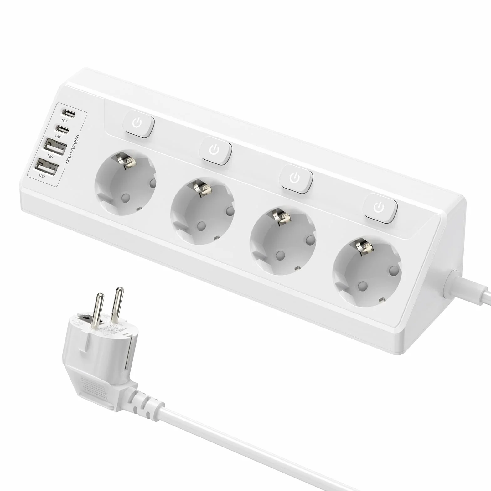 Lista zasilająca narożna, rozgałęźniacz stołowy z 4 gniazdami, 2 portami USB C i 2 portami USB, biurkowa i kuchenna listwa do montażu ściennego, listwa zasilająca z przełącznikiem, 2 m, kolor biały