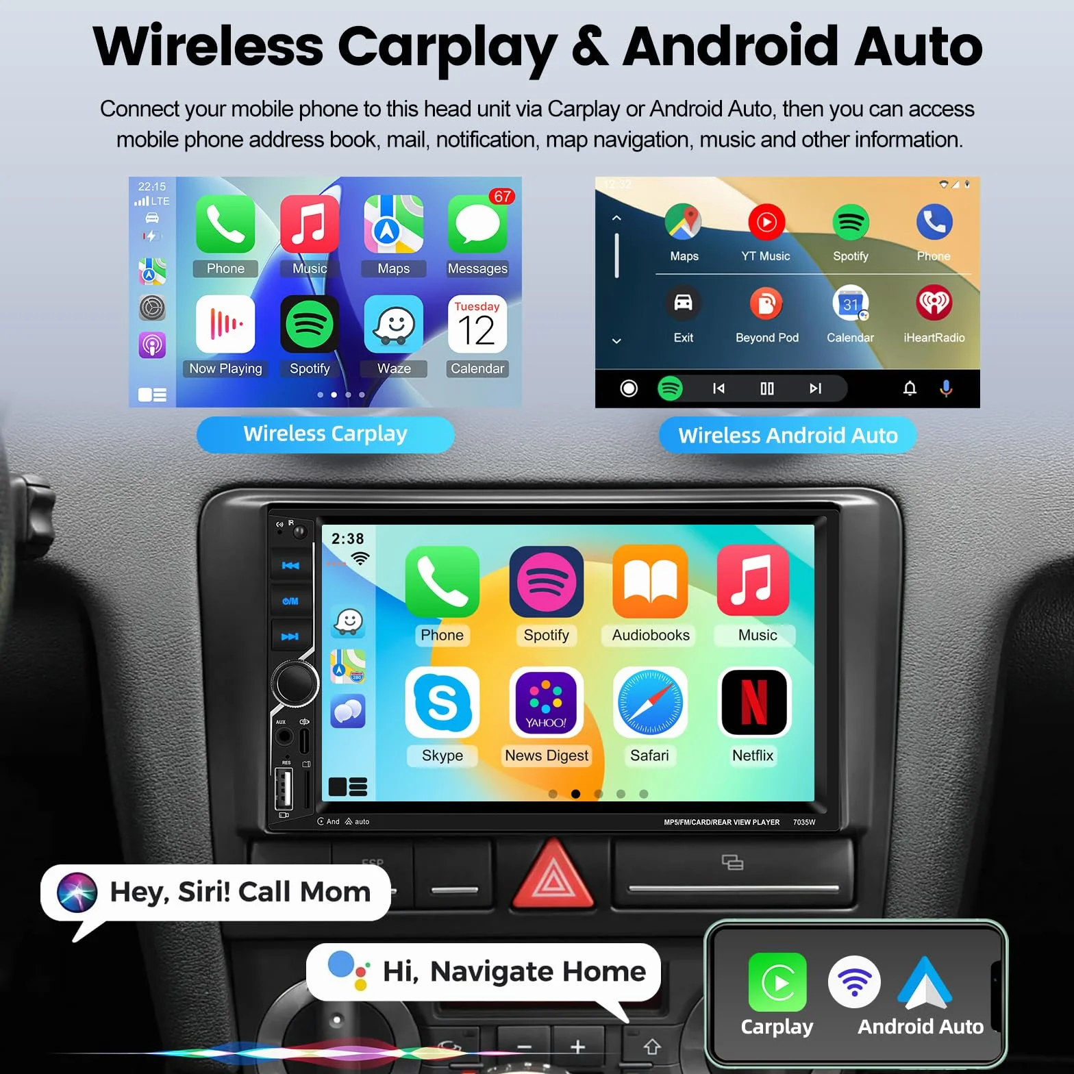 NHOPEEW Radio samochodowe 2 DIN z CarPlay i Android Auto – 7-calowe radio z ekranem dotykowym – Mirror Link, FM, sterowanie kierownicą, USB, AUX + kamera cofania AHD