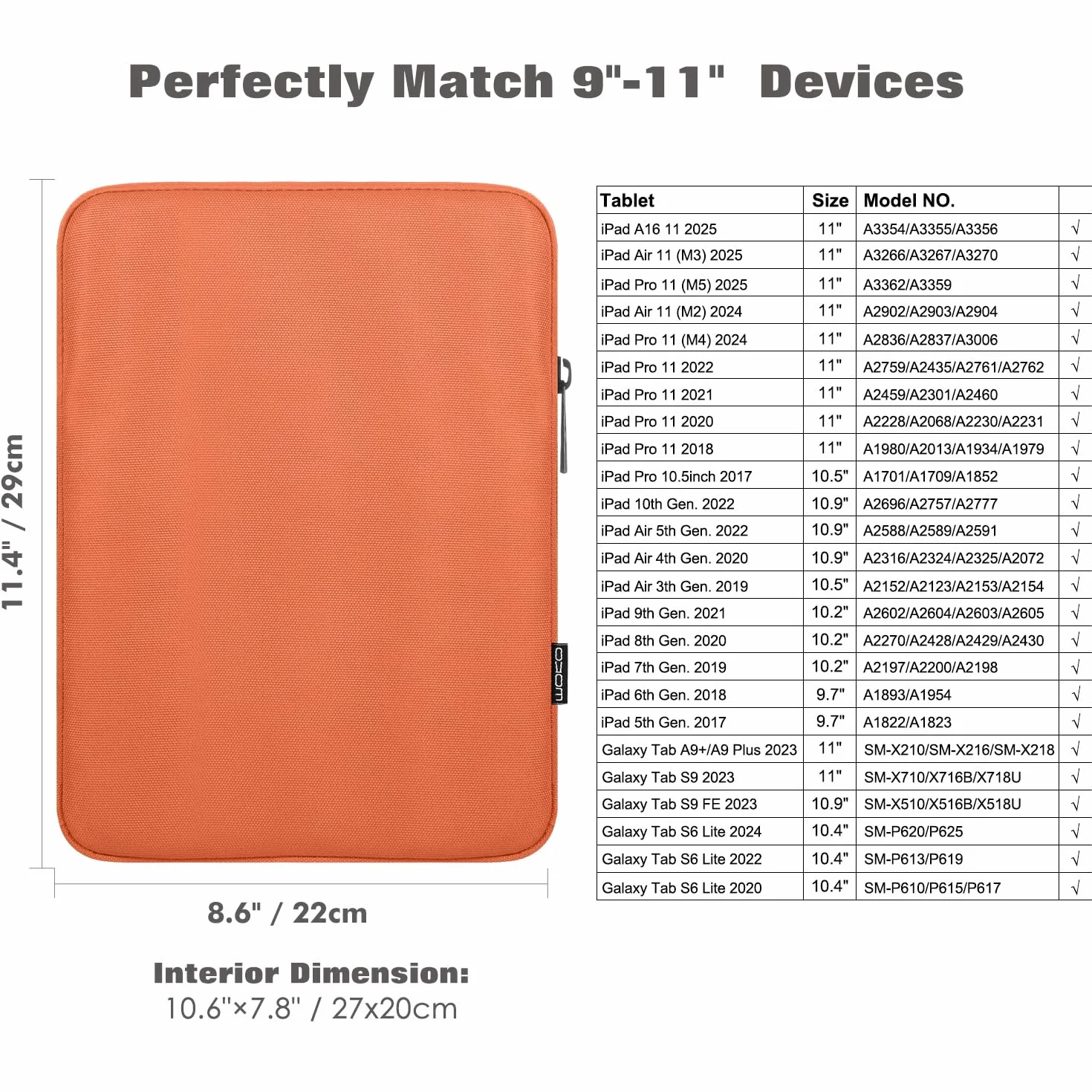 MoKo 9-11 Inch Tablet Sleeve Case for iPad Air M3, iPad A16 2025, iPad Pro 11 M4, Galaxy Tab S8/S9 11", Orange