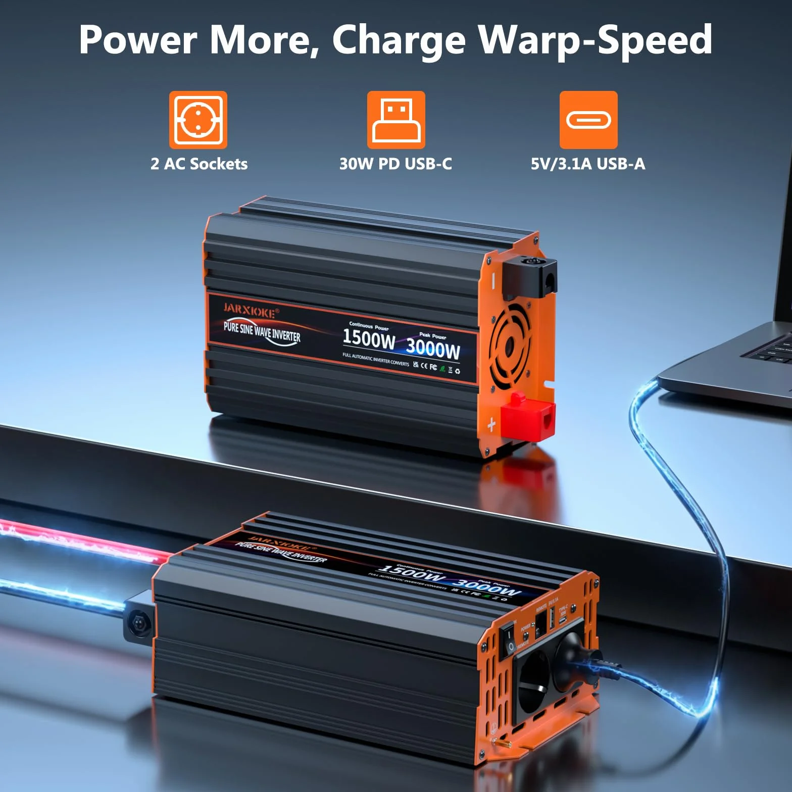 Falownik 12V na 230V 1500w Czysta Sinusoidalna Przetwornica Napięcia z Pilotem LCD, Portami USB, Portem typu C, 2 Gniazda AC do Solarnych,Pojazdów,Kamperów,Awarii Zasilania
